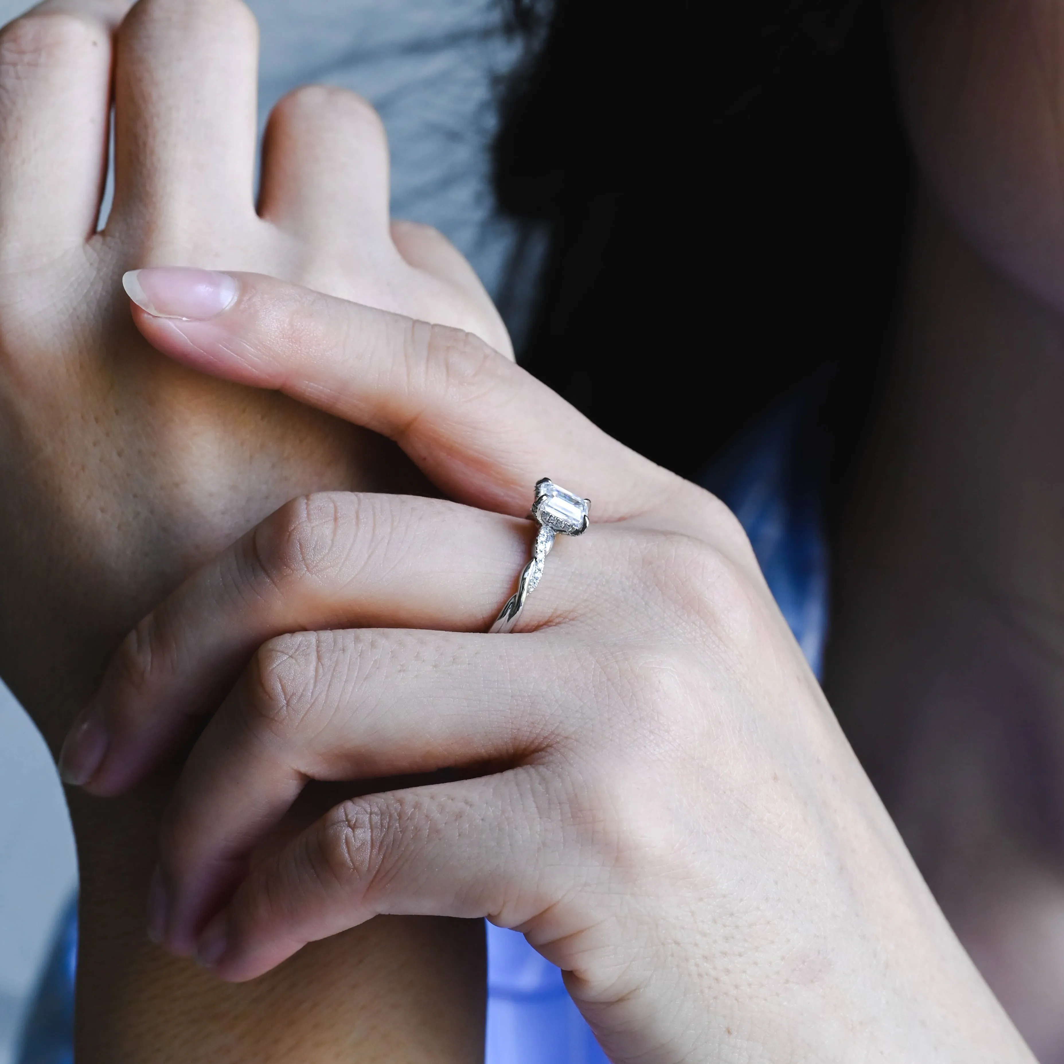 CausYou Solid Gold D/VS1 Twist Band Emerald Cut Lab Grown Diamond Engagement Ring, Hidden Halo Wedding Ring sold by Causyou product image thumbnail 4