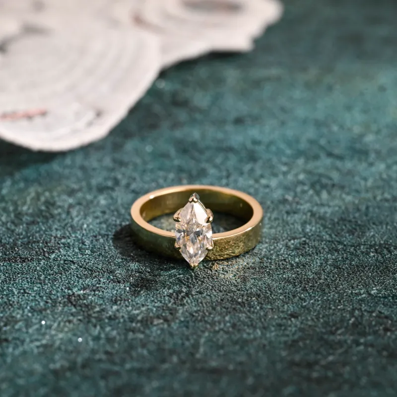 CausYou Solid Gold D/VS1 Off-Center Marquise Cut Lab Grown Diamond Ring, Cigar Band Wedding Ring sold by Causyou