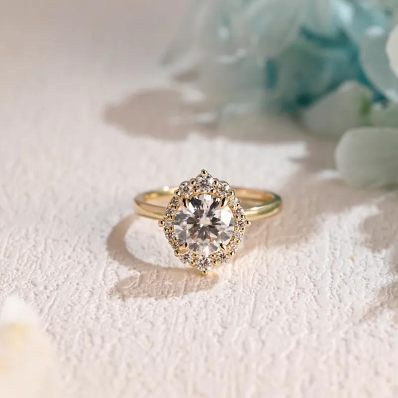 Solid Gold Round Cut Moissanite Engagement Ring, Halo Ring sold by Causyou
