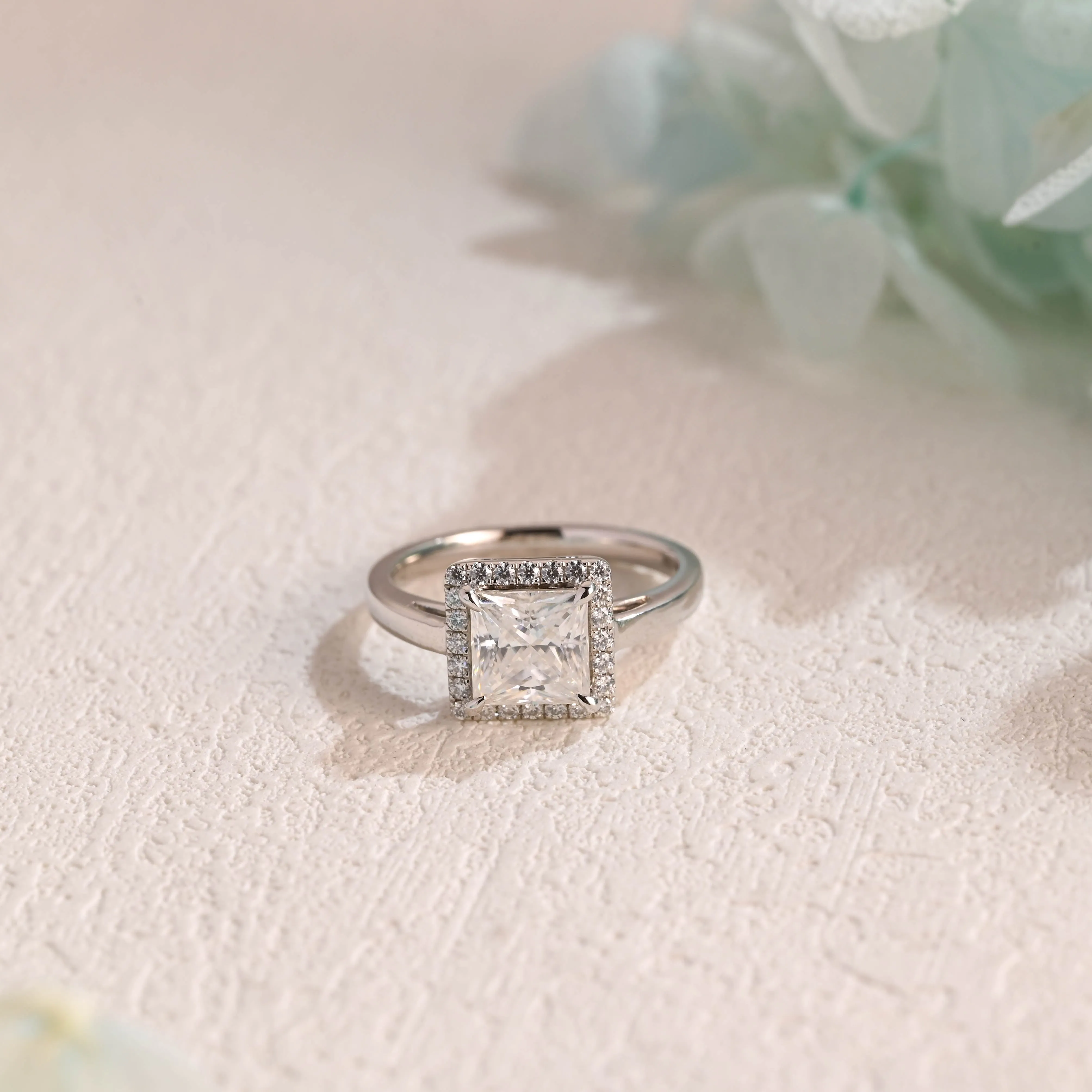 Solid Gold Solitaire Halo Princess Cut Moissanite Engagement Ring sold by Causyou