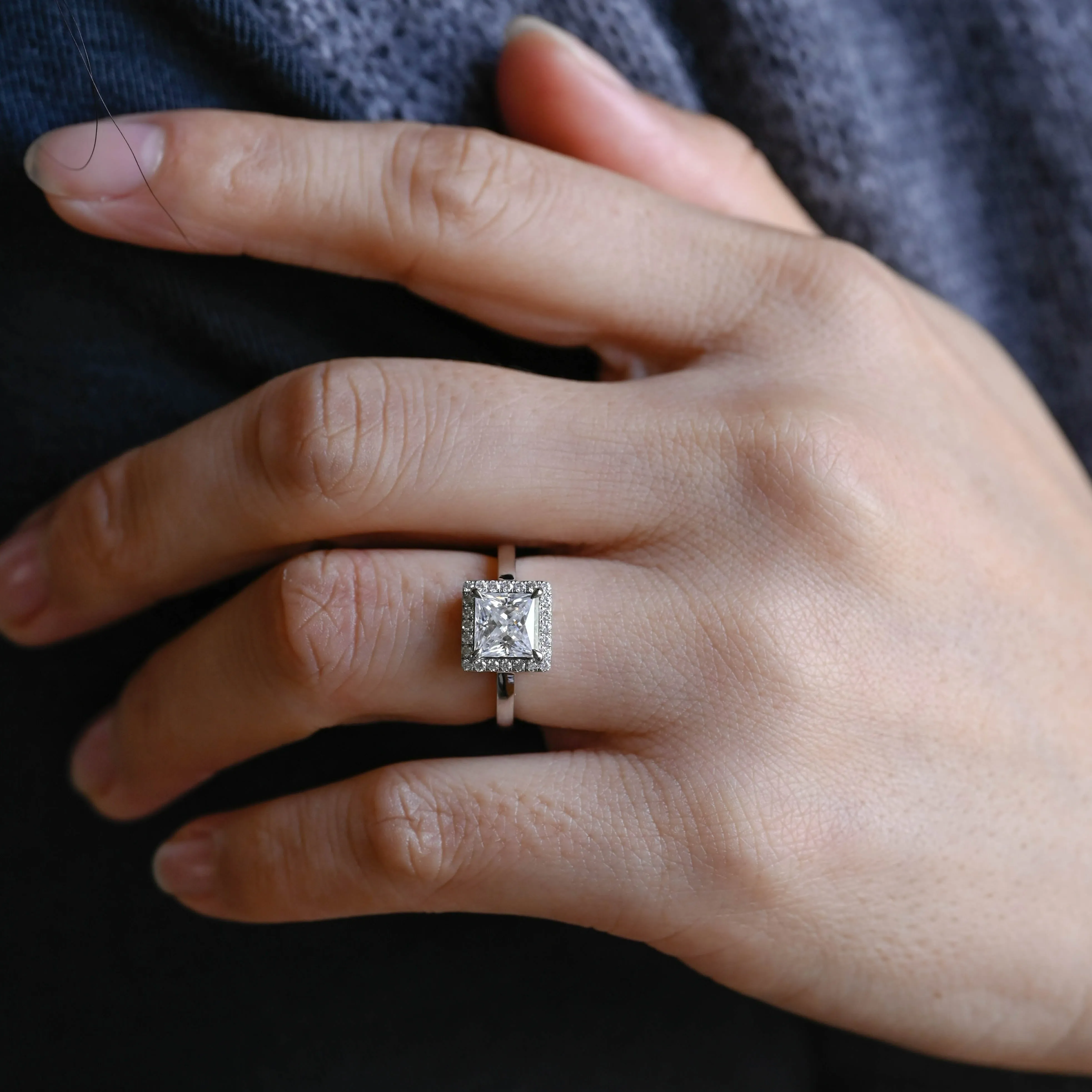 Solid Gold Solitaire Halo Princess Cut Moissanite Engagement Ring sold by Causyou product image thumbnail 2