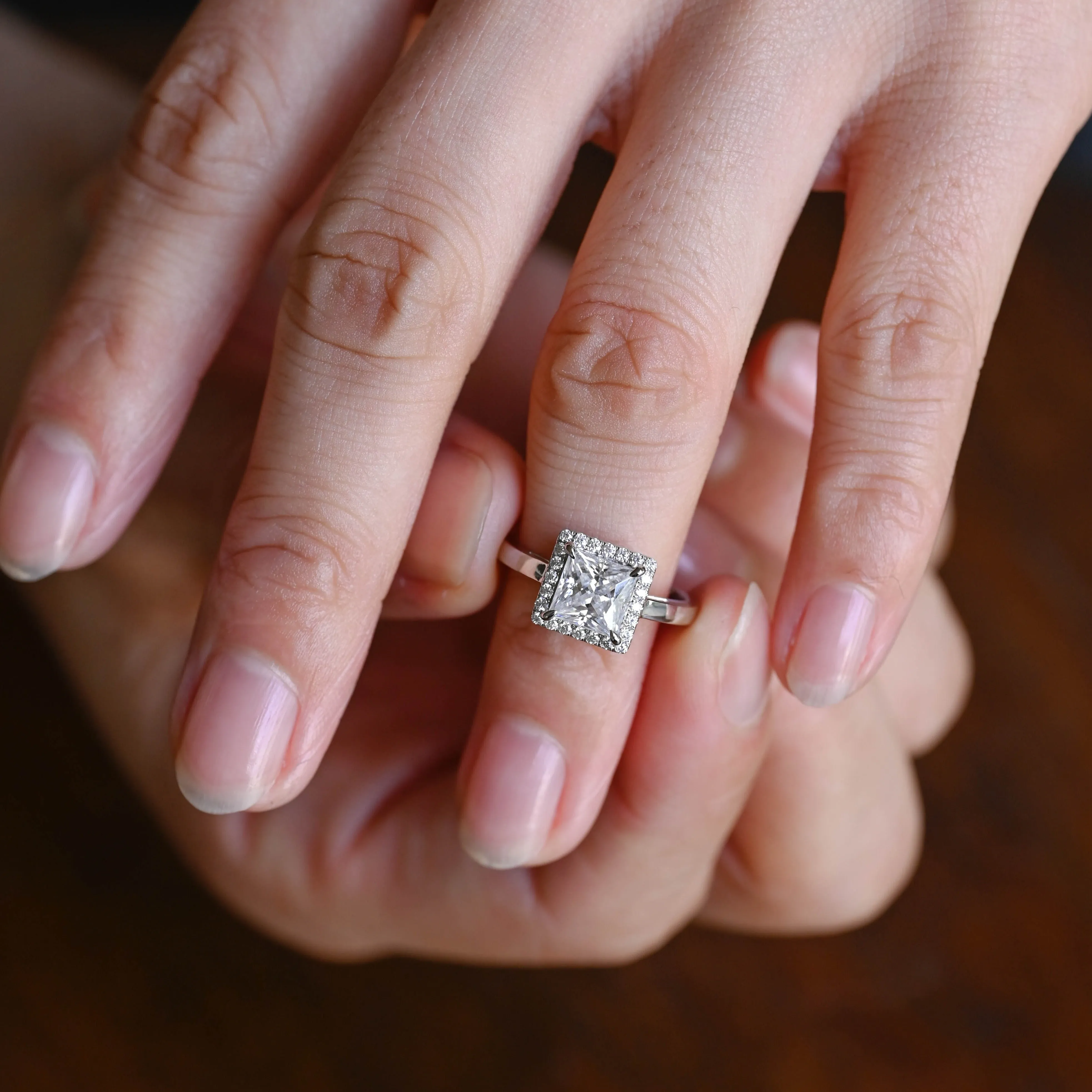 Solid Gold Solitaire Halo Princess Cut Moissanite Engagement Ring sold by Causyou product image thumbnail 4