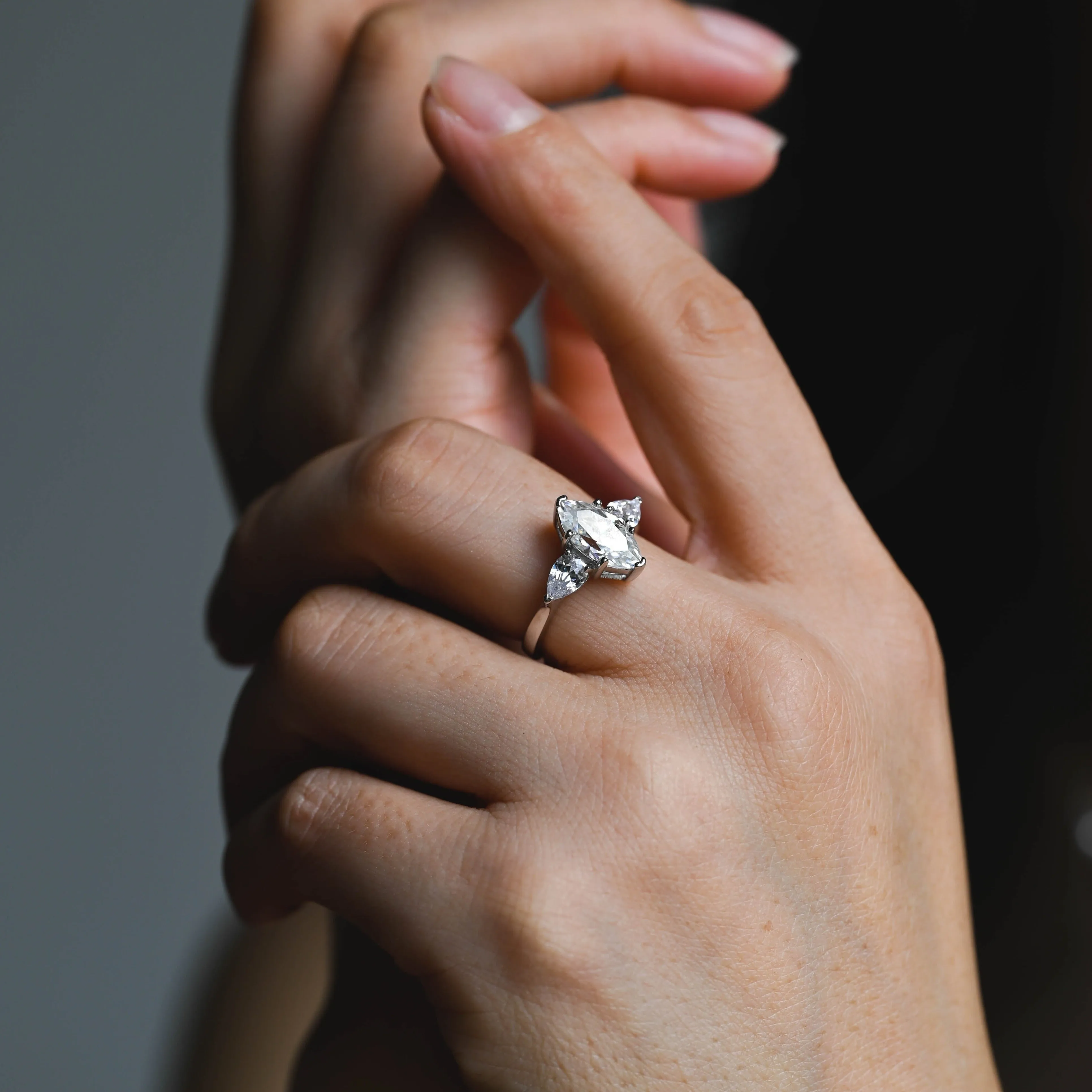 Solid Gold Marquise Cut Three Stone Moissanite Engagement Ring sold by Causyou product image thumbnail 2
