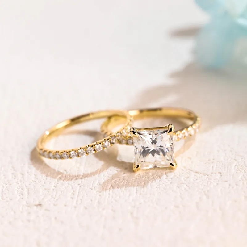 Solid Gold Princess Cut Moissanite Engagement Ring and Wedding Ring Set, Bridal Set, Gift for Woman, Wife sold by Causyou