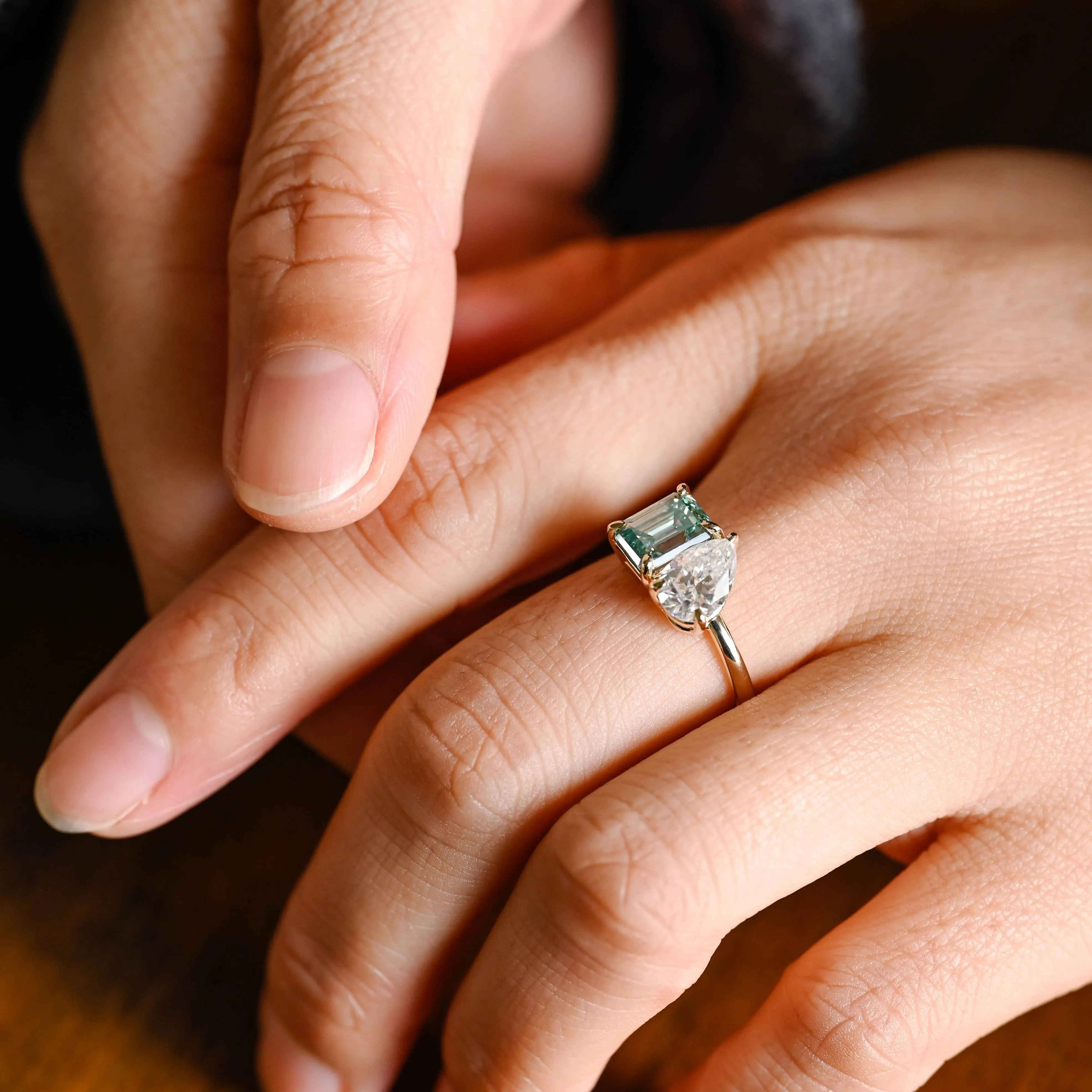 CausYou Solid Gold Toi Et Moi Green Moissanite Engagement Ring, Low Set Wedding Ring Promise Ring for Women sold by Causyou product image thumbnail 3