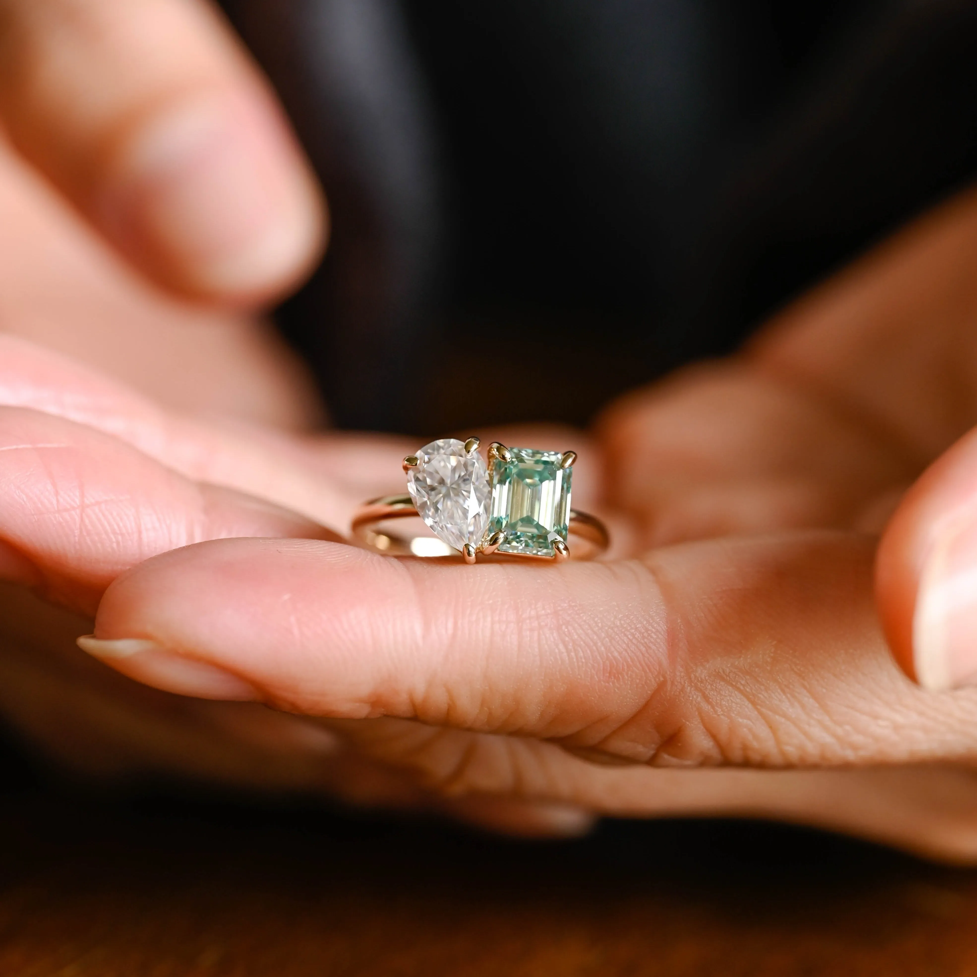 CausYou Solid Gold Toi Et Moi Green Moissanite Engagement Ring, Low Set Wedding Ring Promise Ring for Women sold by Causyou product image thumbnail 4