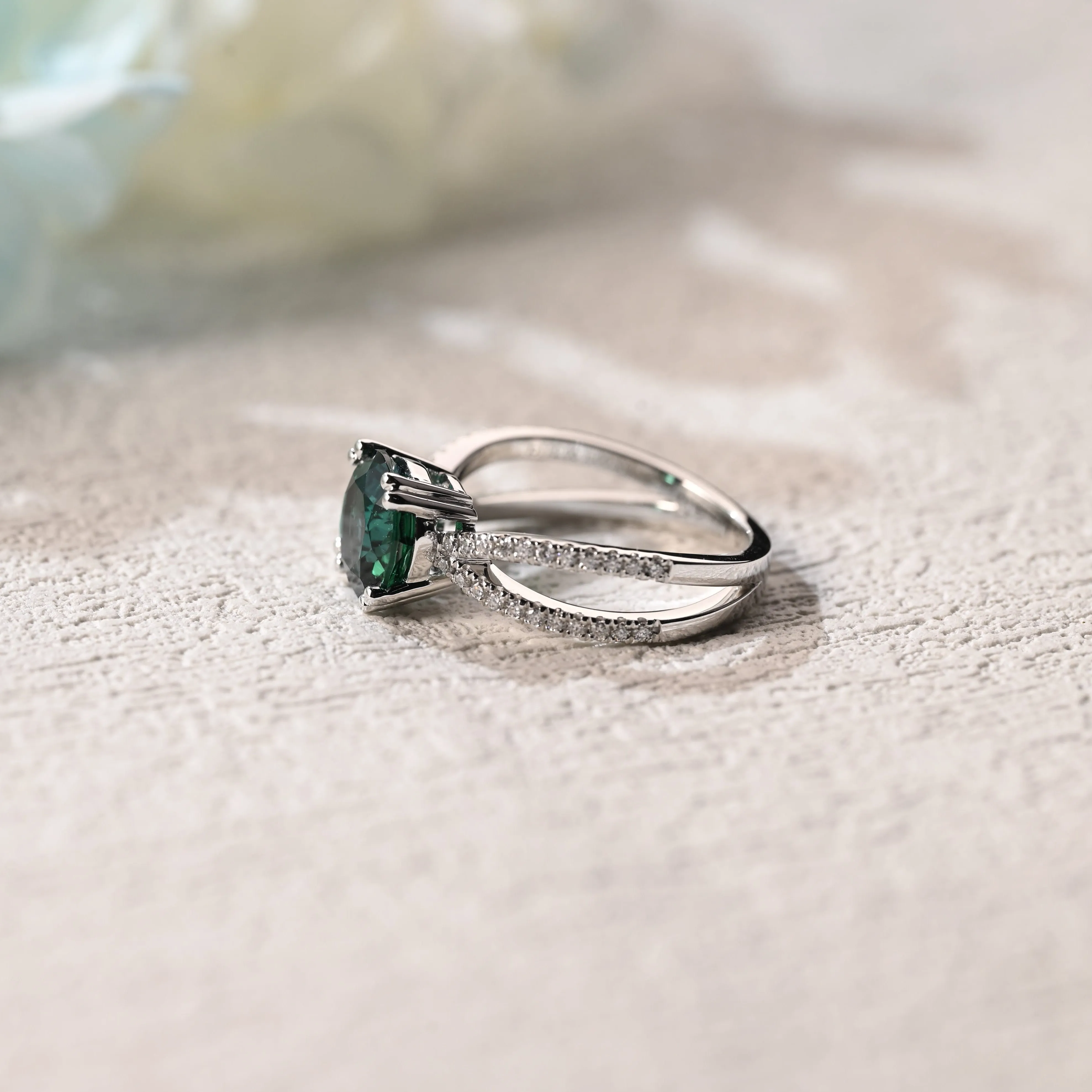 Solid Gold Round Cut Lab Emerald Engagement Ring, Split Shank Ring sold by Causyou product image thumbnail 5