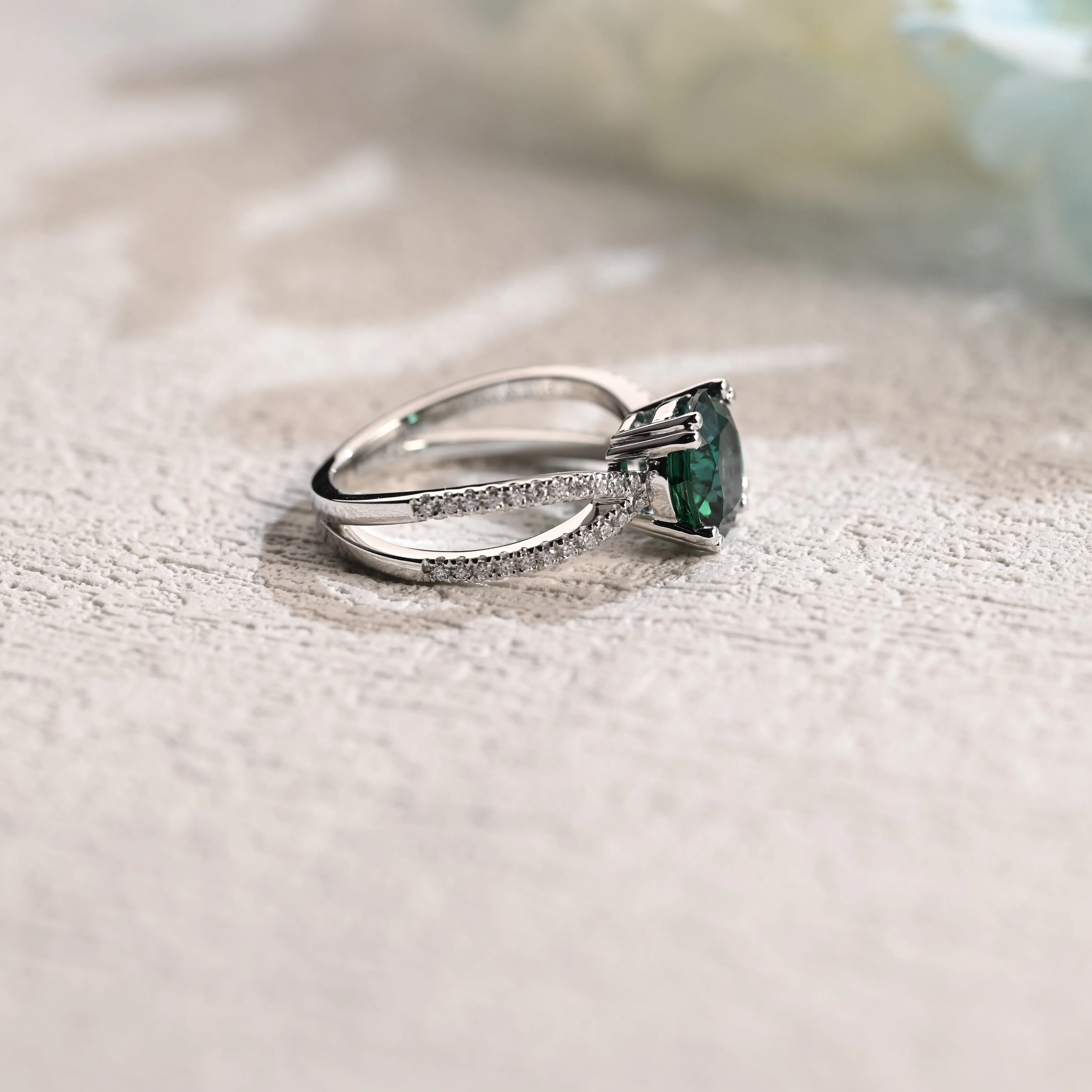 Solid Gold Round Cut Lab Emerald Engagement Ring, Split Shank Ring sold by Causyou product image thumbnail 4
