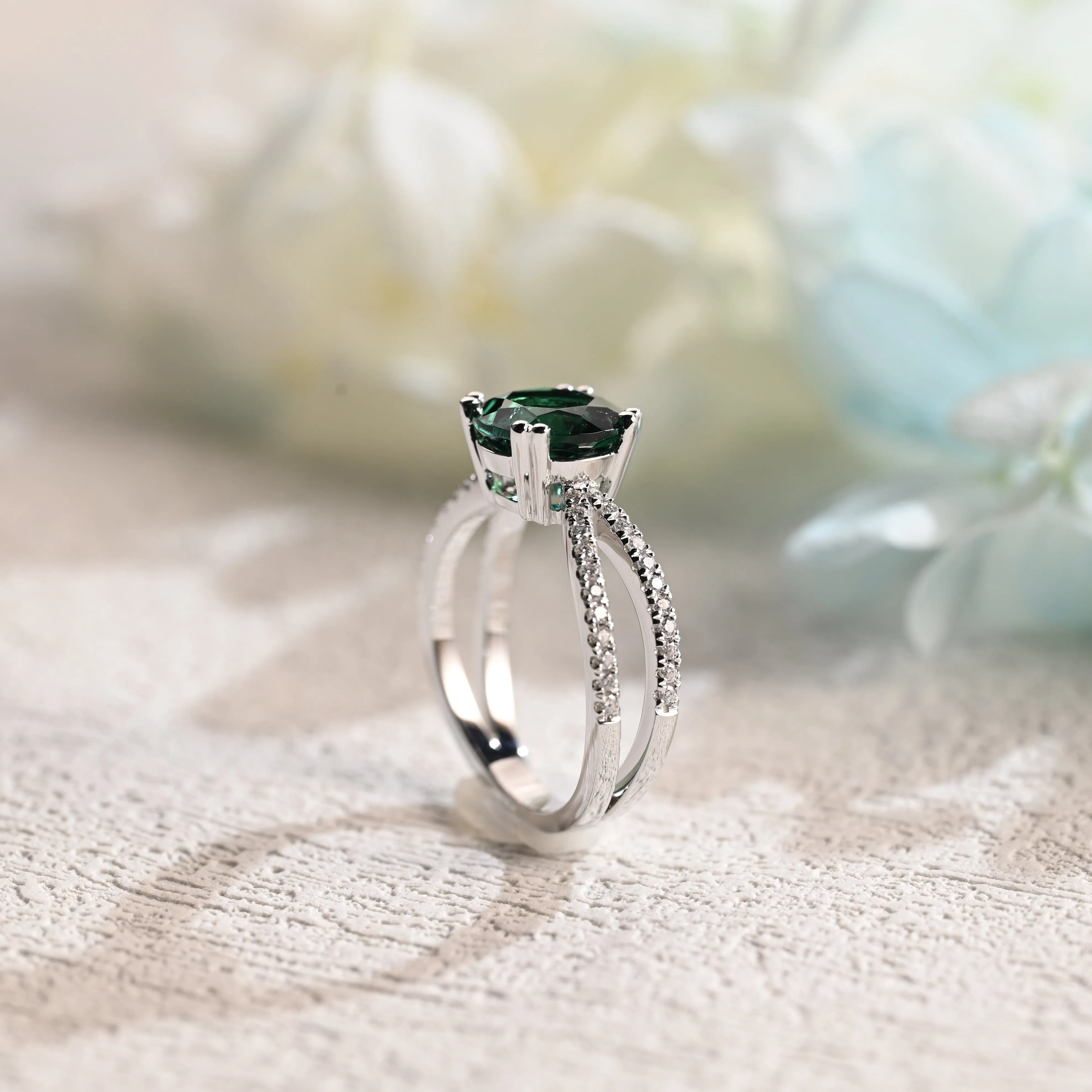 Solid Gold Round Cut Lab Emerald Engagement Ring, Split Shank Ring sold by Causyou product image thumbnail 2