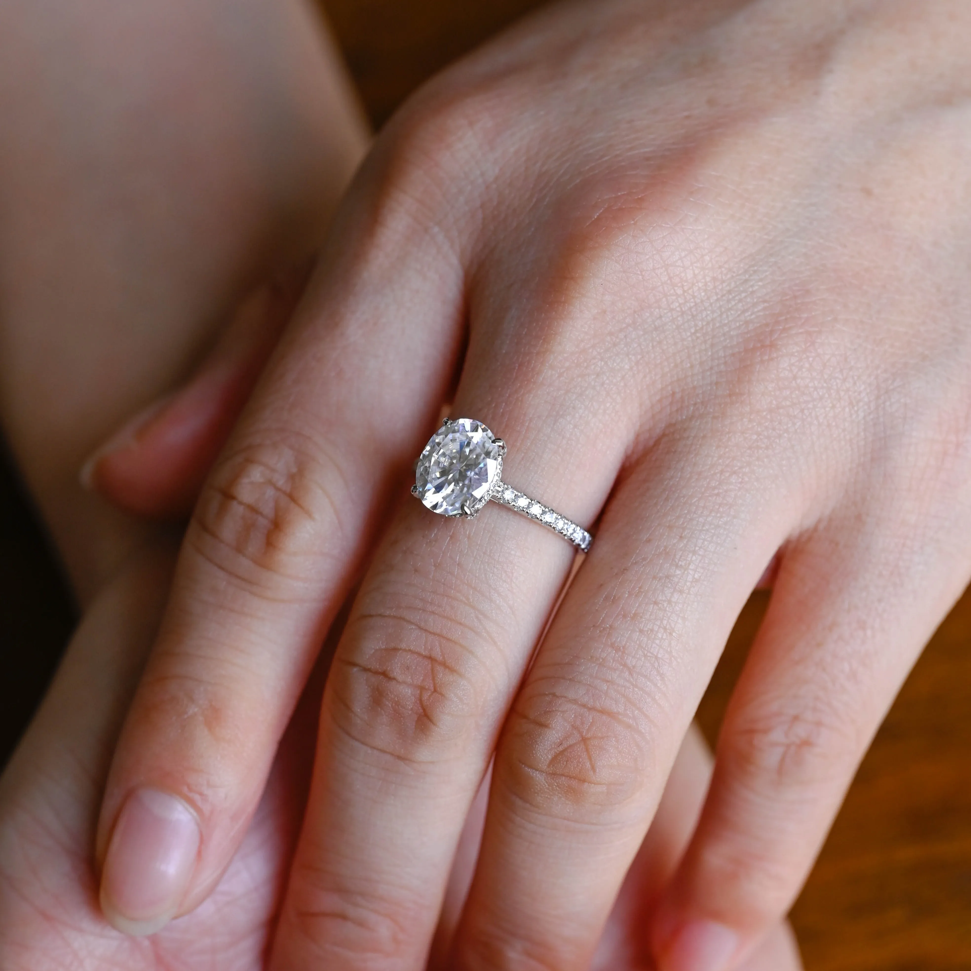 Solid Gold Oval Cut Moissanite Engagement Ring with Hidden Halo sold by Causyou product image thumbnail 2