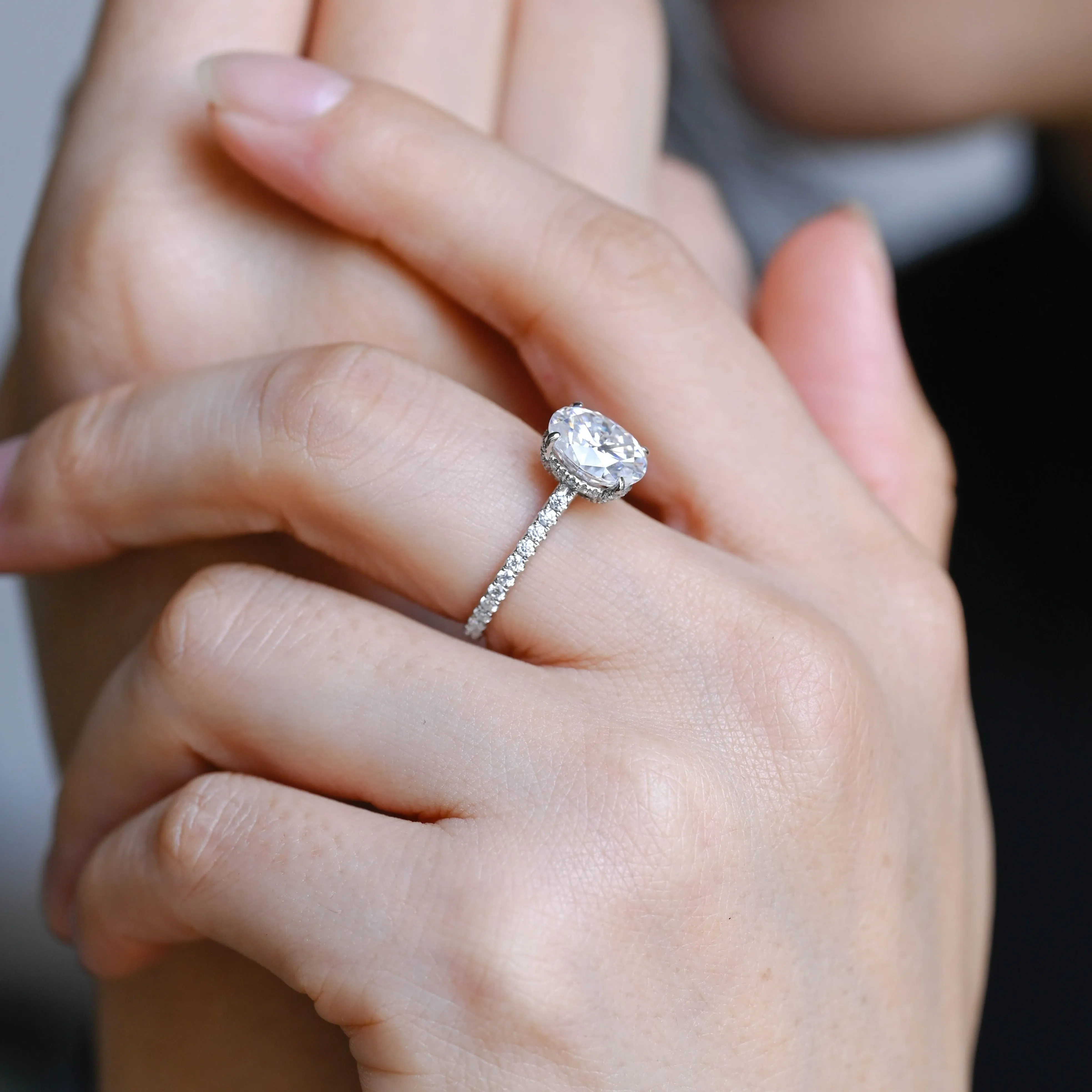 Solid Gold Oval Cut Moissanite Engagement Ring with Hidden Halo sold by Causyou product image thumbnail 3