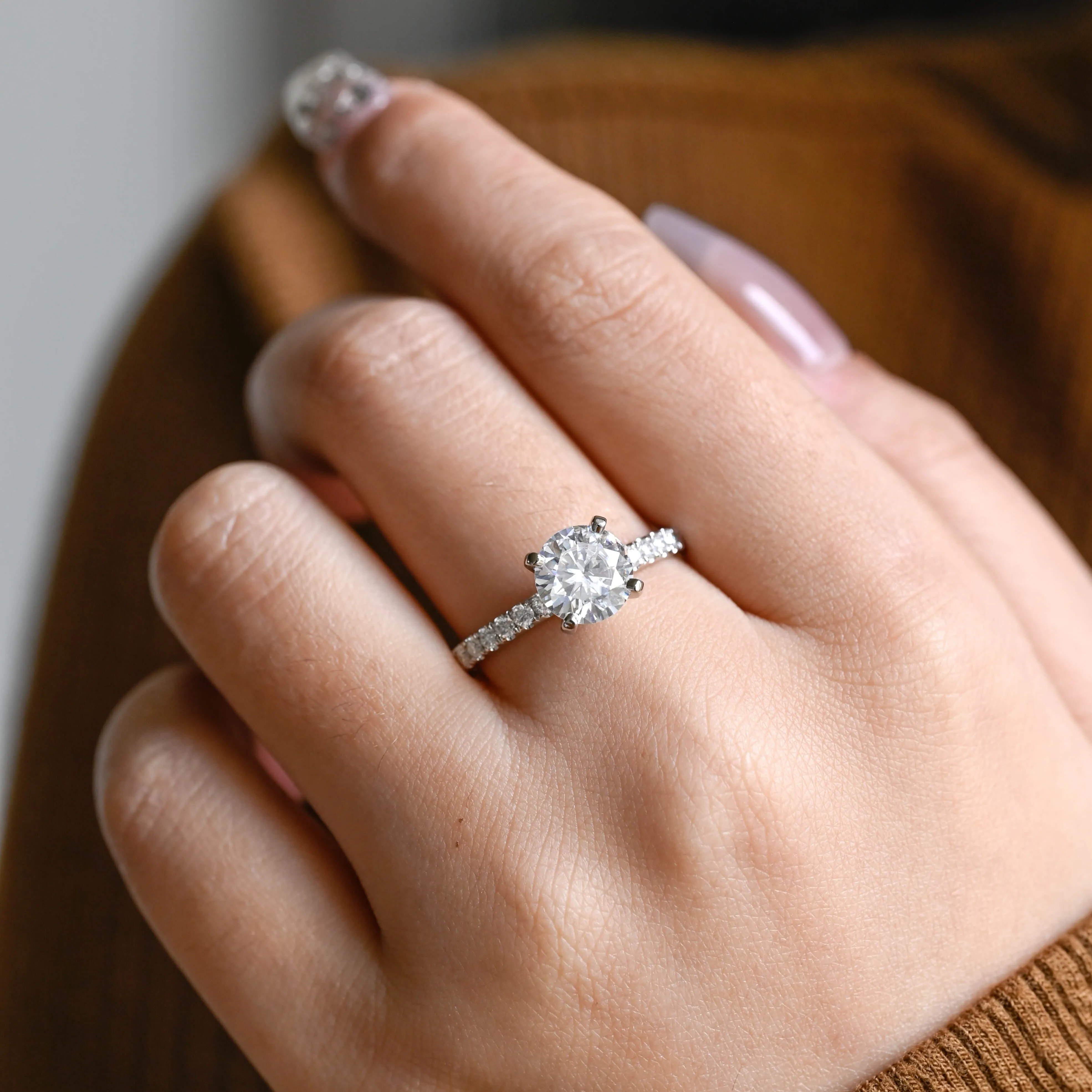 Solid Gold Round Cut Moissanite Engagement Ring, Pave Ring sold by Causyou product image thumbnail 2
