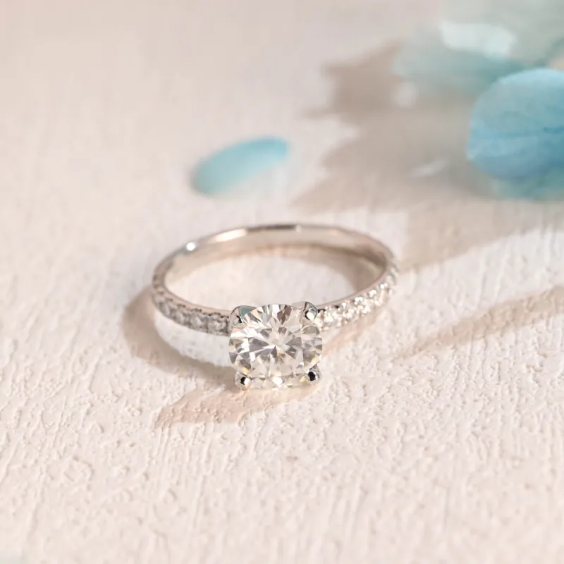Solid Gold Round Cut Moissanite Engagement Ring, Pave Ring sold by Causyou