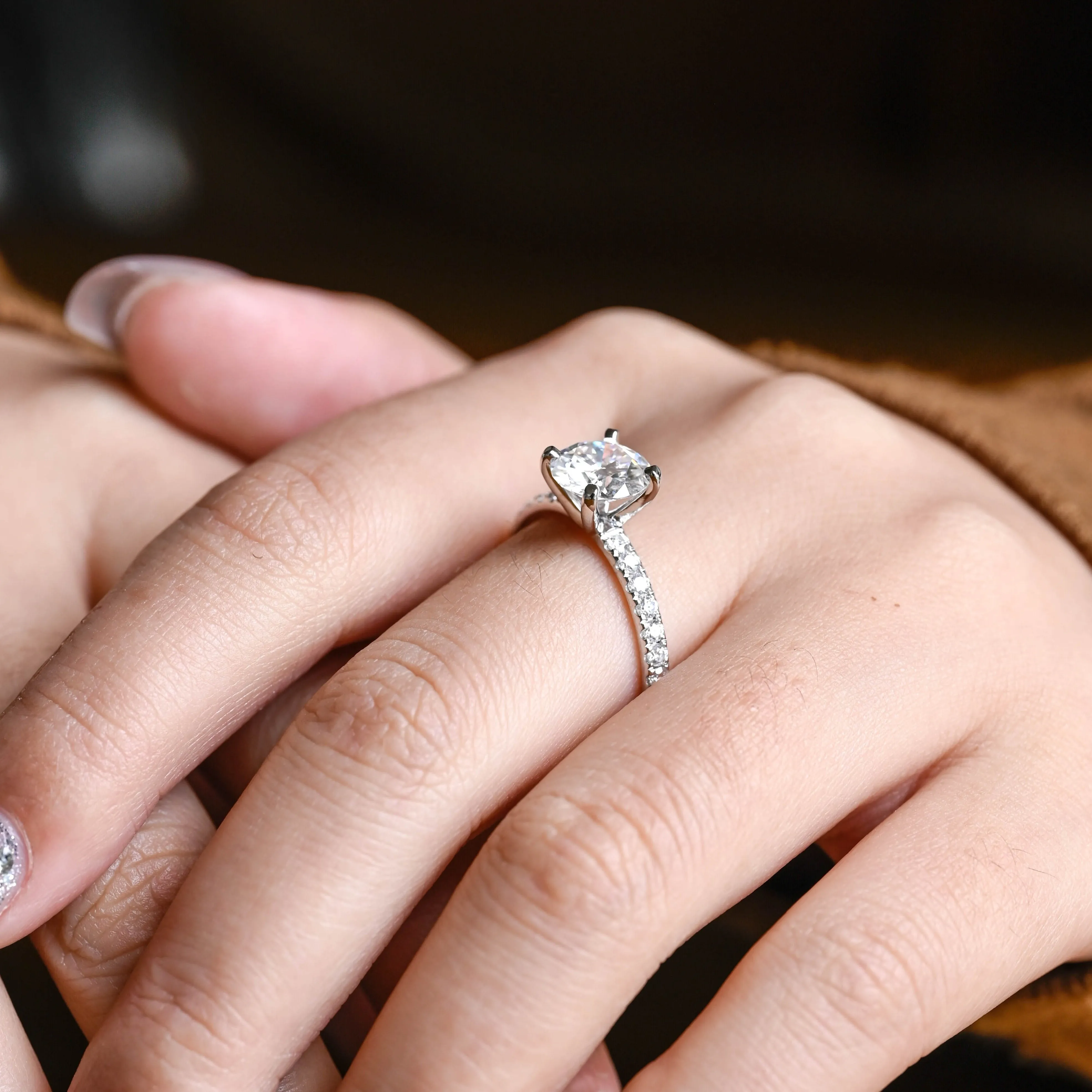 Solid Gold Round Cut Moissanite Engagement Ring, Pave Ring sold by Causyou product image thumbnail 4