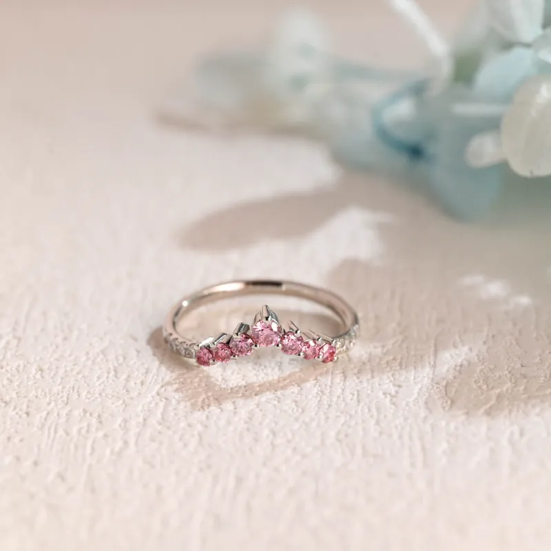 Solid Gold Round Cut Lab Grown Pink Sapphire & Moissanite Wedding Band, Stacking Wedding Ring, Gift for Women Wife made by Causyou