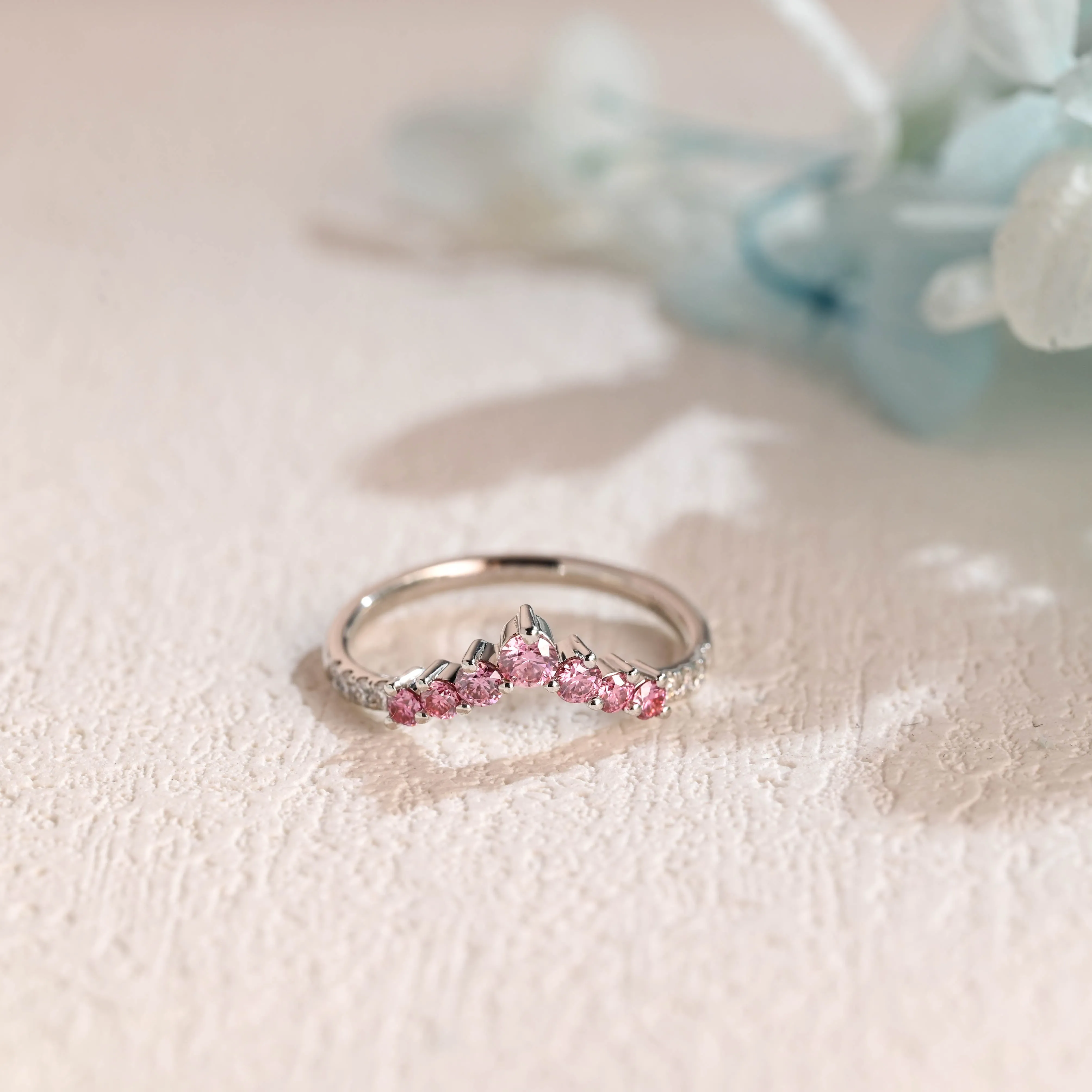 Solid Gold Round Cut Lab Grown Pink Sapphire & Moissanite Wedding Band, Stacking Wedding Ring, Gift for Women Wife sold by Causyou