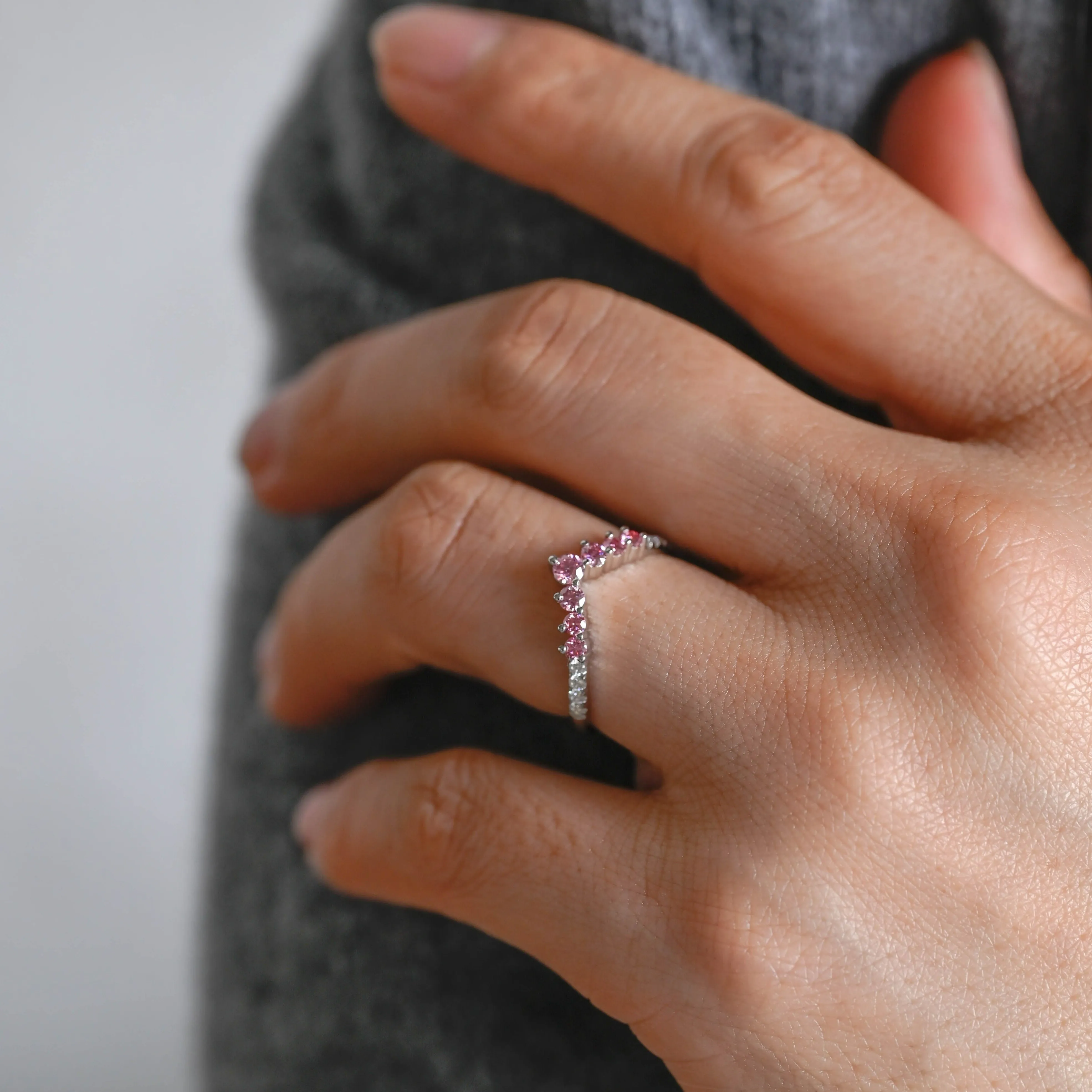 Solid Gold Round Cut Lab Grown Pink Sapphire & Moissanite Wedding Band, Stacking Wedding Ring, Gift for Women Wife sold by Causyou product image thumbnail 2