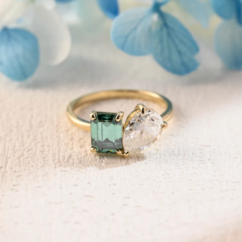 Solid Gold Toi Et Moi Ring, Green Emerald Cut Moissanite & Pear Cut Moissanite Engagement Ring, Promise Ring sold by Causyou