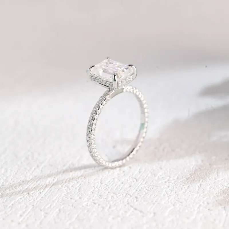 Solid Gold Full Paved Emerald Cut Moissanite Engagement Ring sold by Causyou