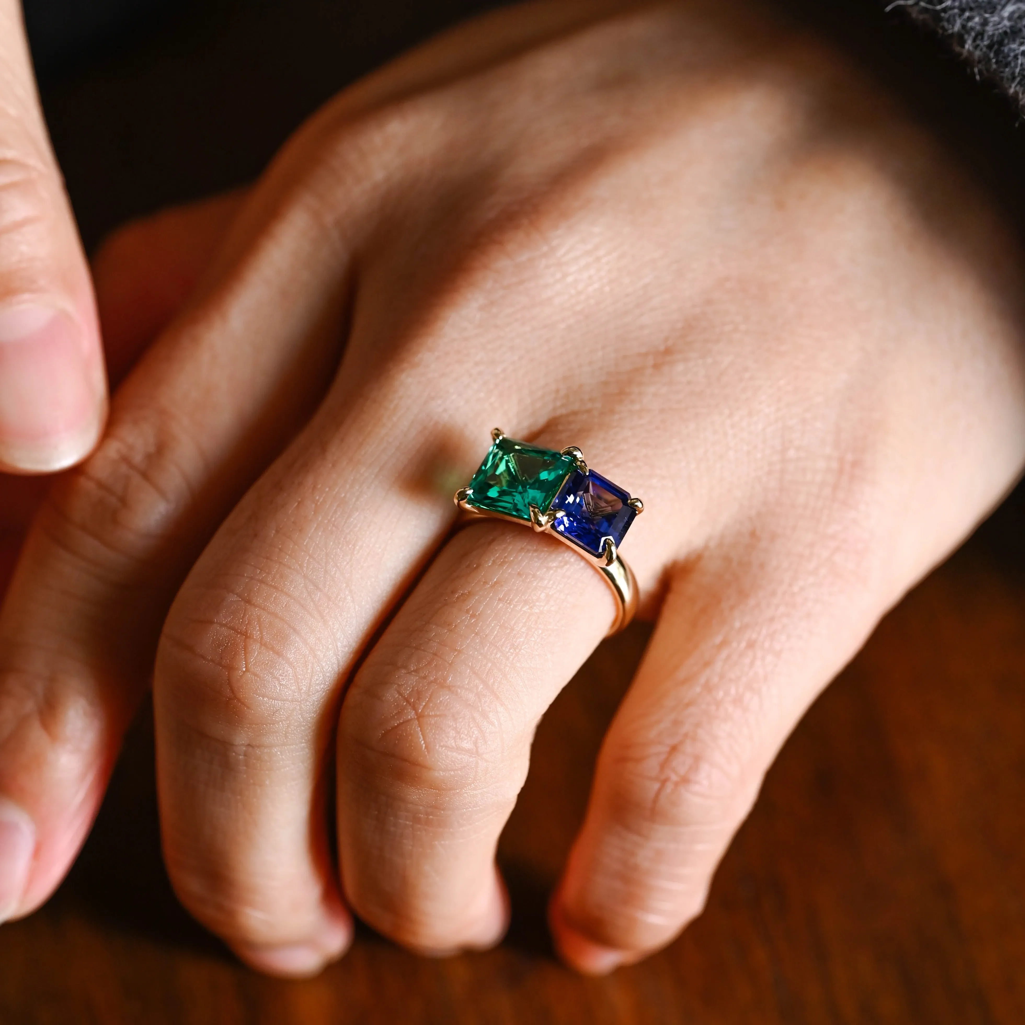 Solid Gold Toi Et Moi Ring, Lab Grown Princess Cut Emerald & Sapphire Engagement Ring, Promise Ring sold by Causyou product image thumbnail 2