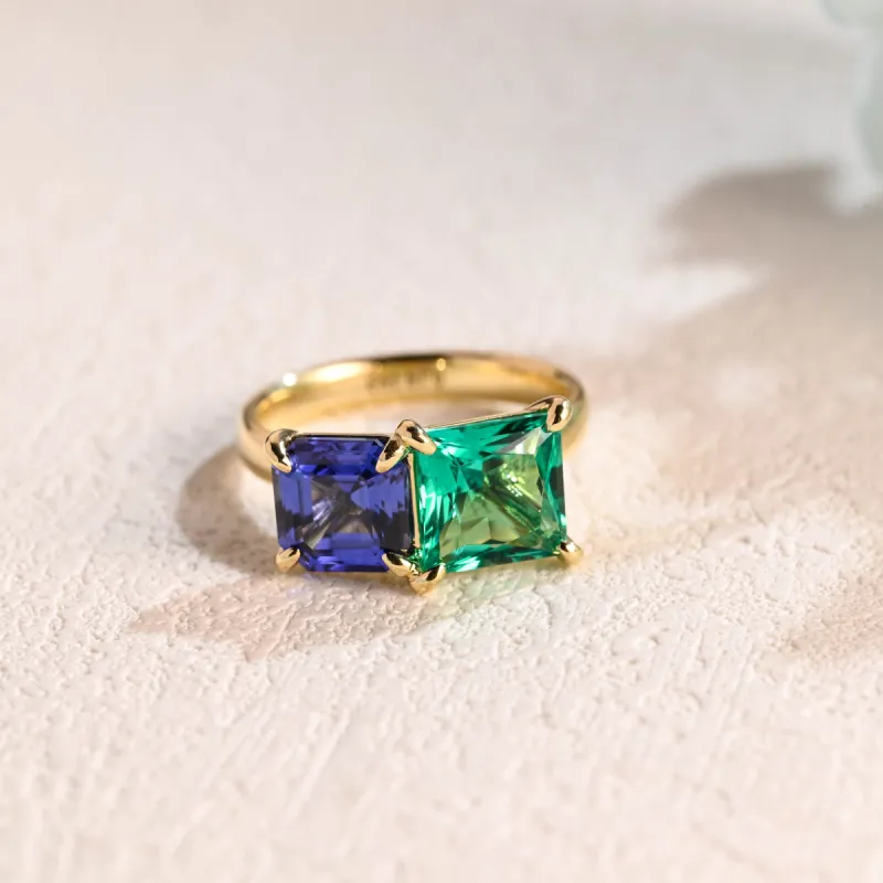 Solid Gold Toi Et Moi Ring, Lab Grown Princess Cut Emerald & Sapphire Engagement Ring, Promise Ring sold by Causyou
