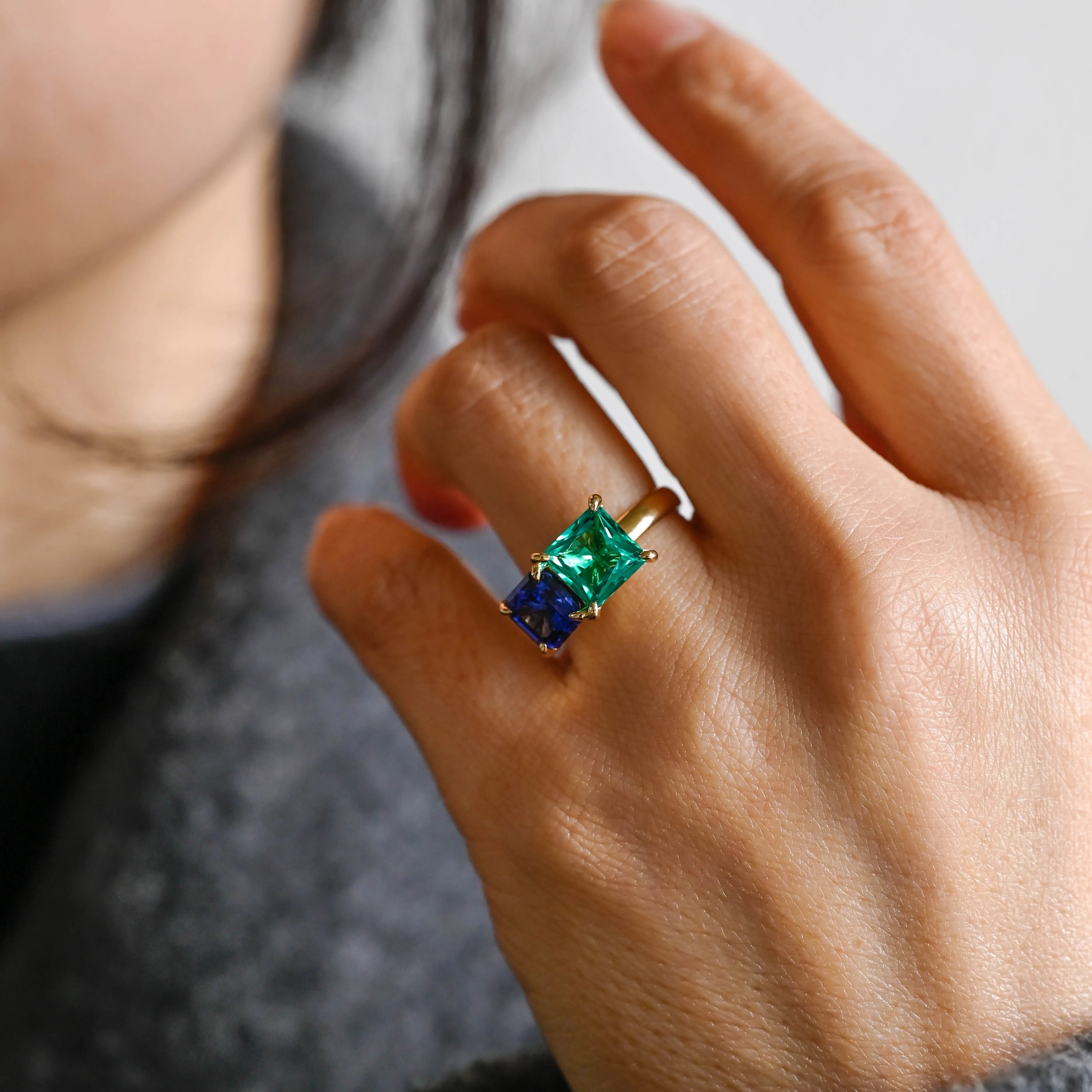 Solid Gold Toi Et Moi Ring, Lab Grown Princess Cut Emerald & Sapphire Engagement Ring, Promise Ring sold by Causyou product image thumbnail 4