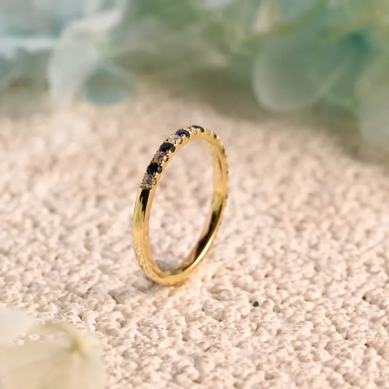 Solid Gold Half Eternity Round Cut Moissanite & Sapphire Wedding Band made by Causyou