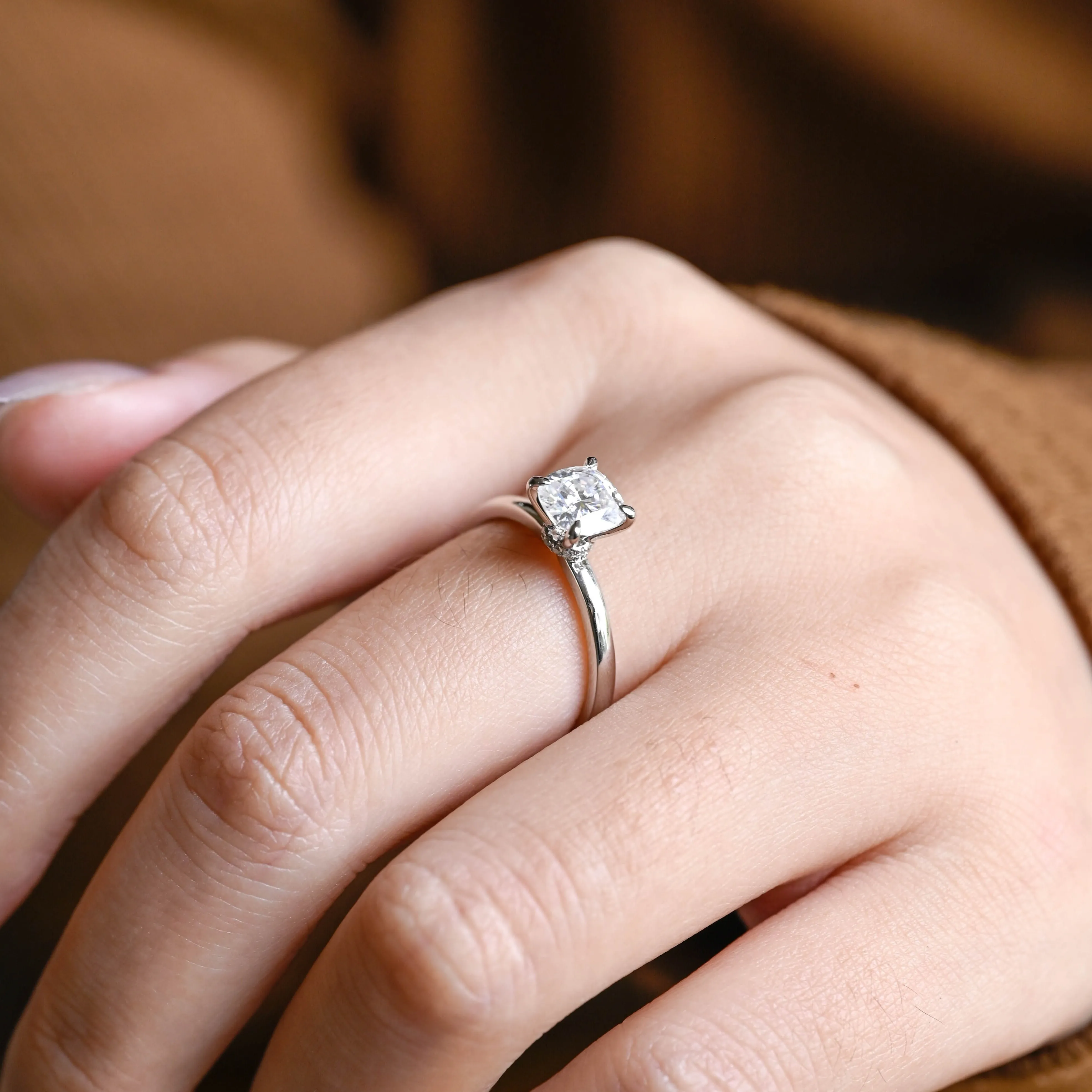 Solid Gold Hidden Halo Cushion Cut Engagement Ring, Knife Edge Setting Wedding Ring sold by Causyou product image thumbnail 3