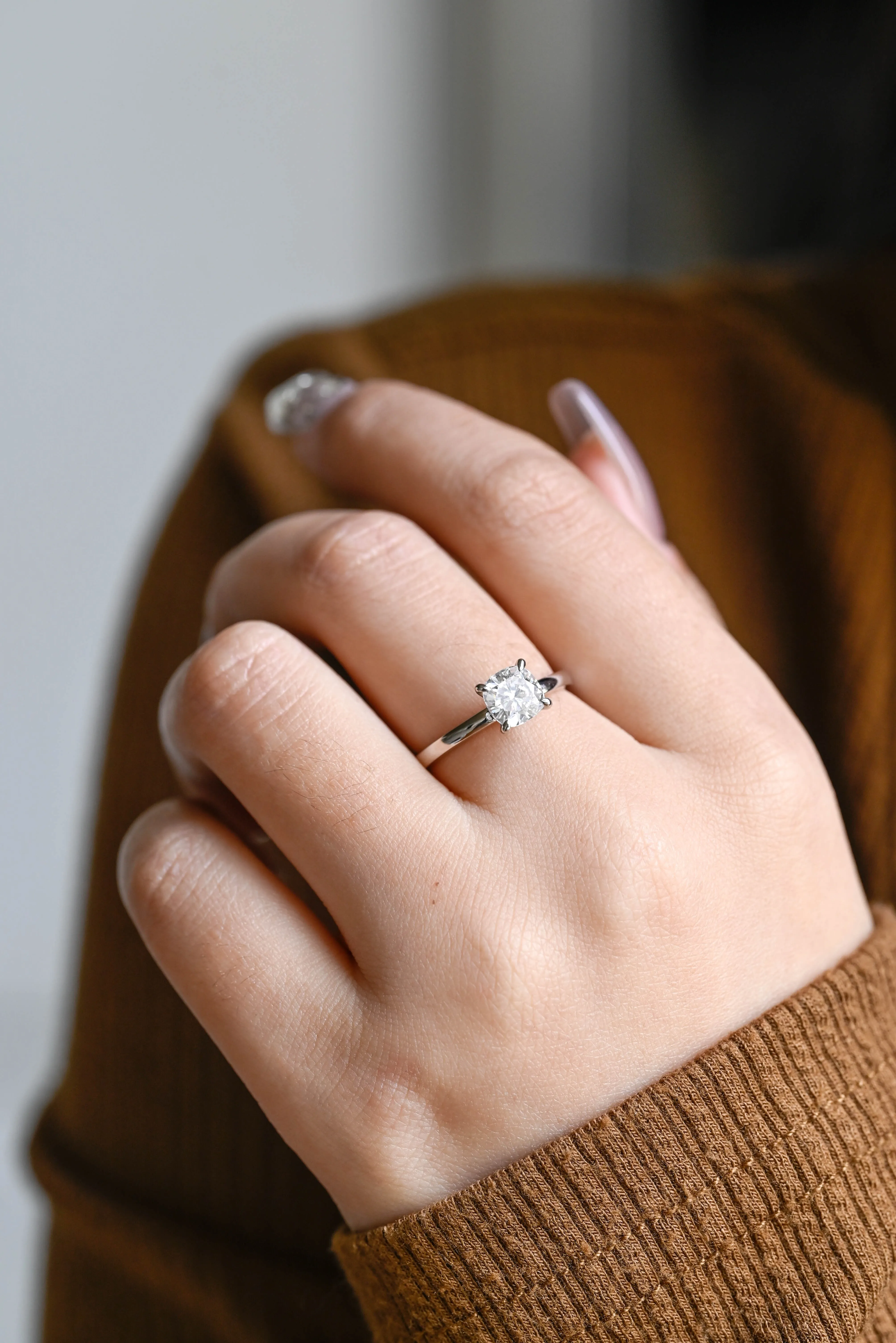 Solid Gold Hidden Halo Cushion Cut Engagement Ring, Knife Edge Setting Wedding Ring sold by Causyou product image thumbnail 4