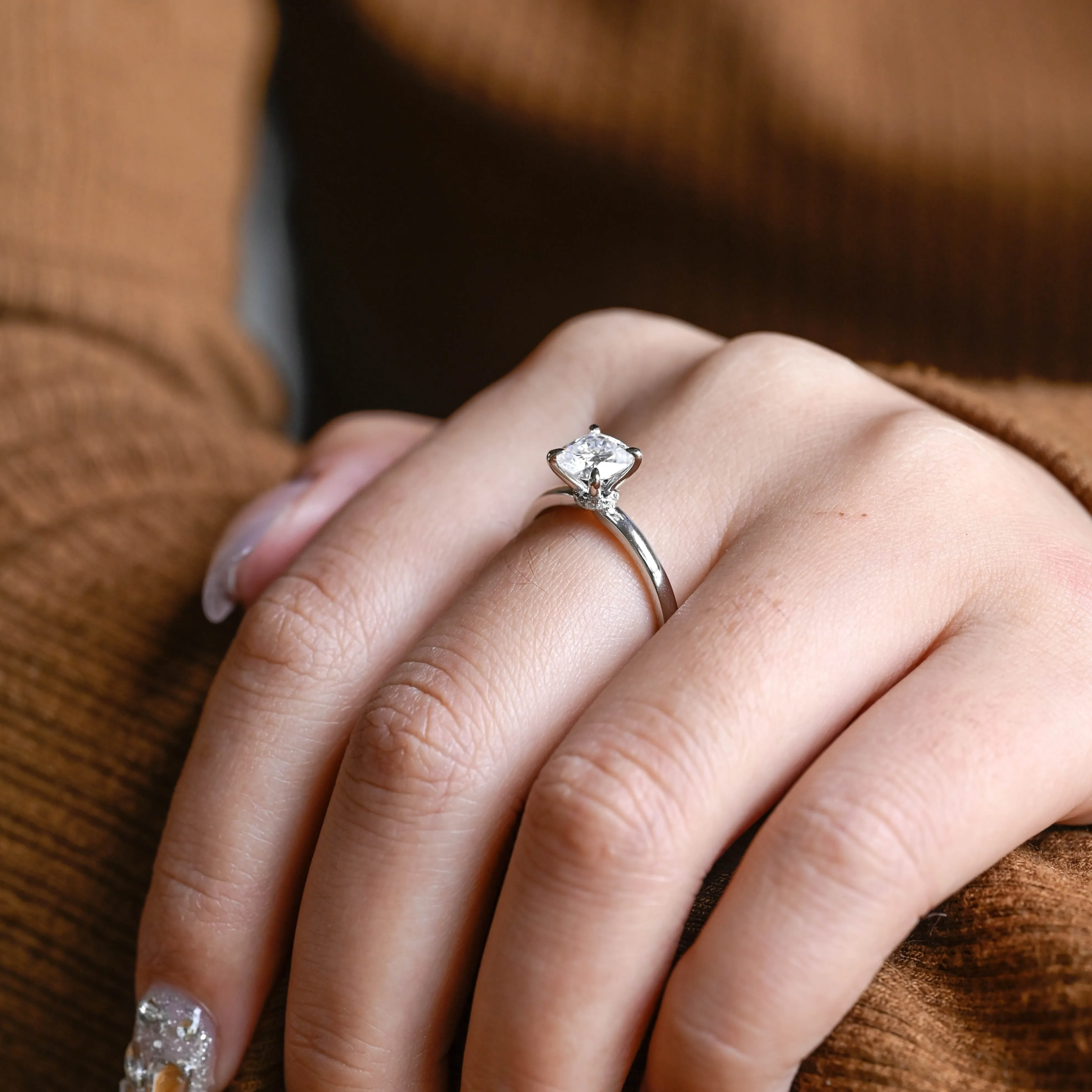 Solid Gold Hidden Halo Cushion Cut Engagement Ring, Knife Edge Setting Wedding Ring sold by Causyou product image thumbnail 2