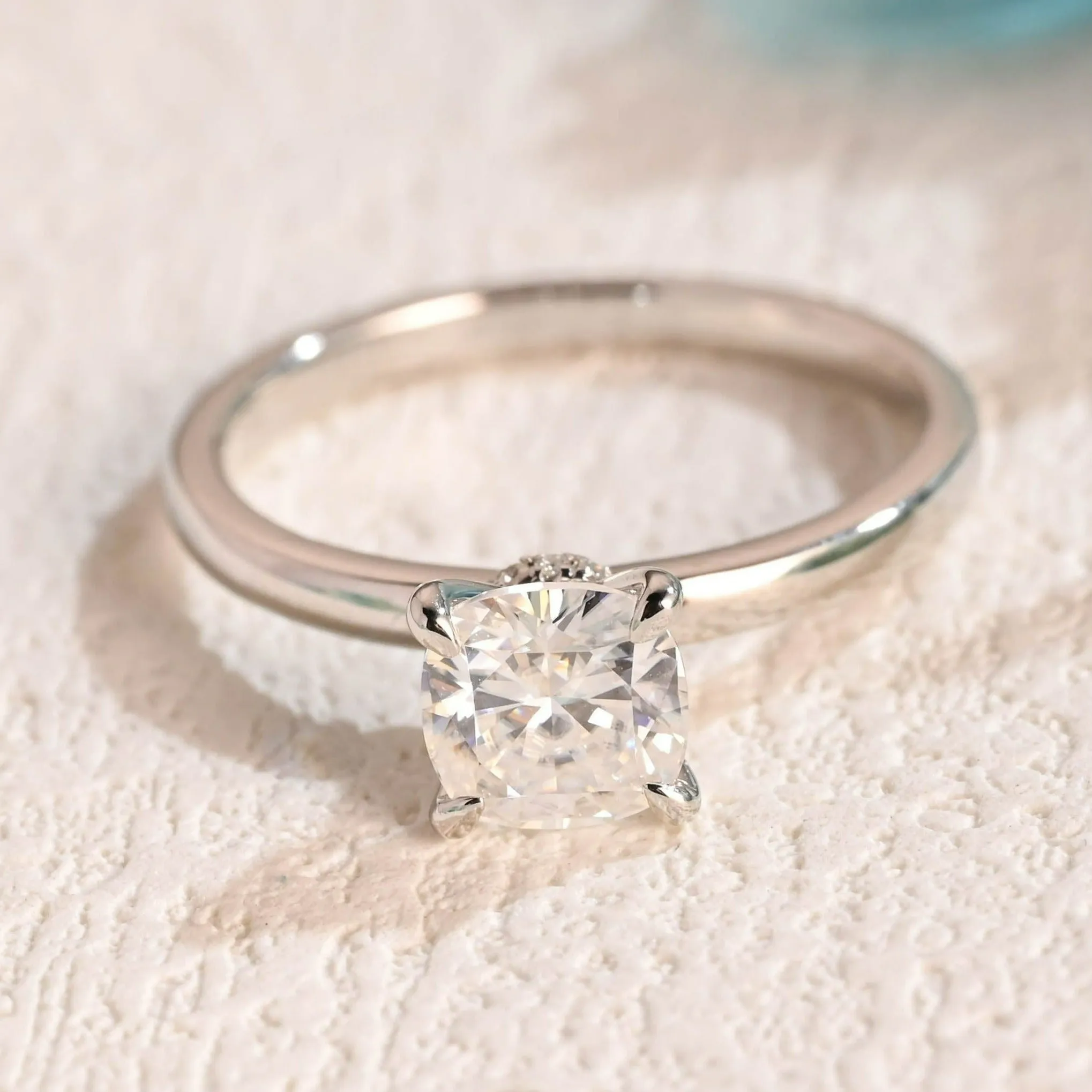 Solid Gold Hidden Halo Cushion Cut Engagement Ring, Knife Edge Setting Wedding Ring sold by Causyou