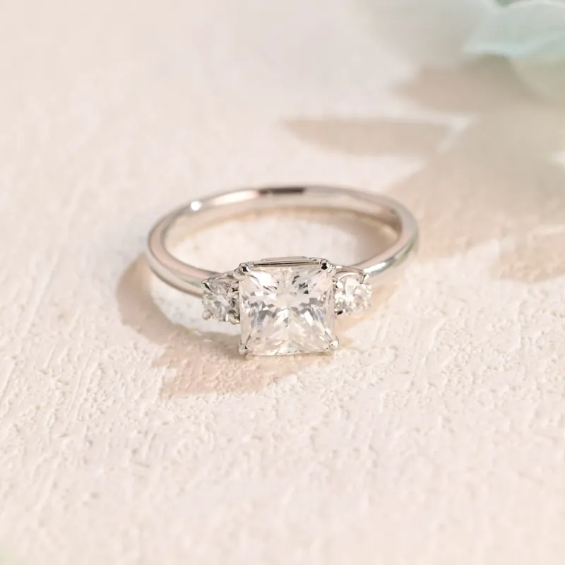 Solid Gold Three Stone Princess Cut Moissanite Engagement Ring sold by Causyou