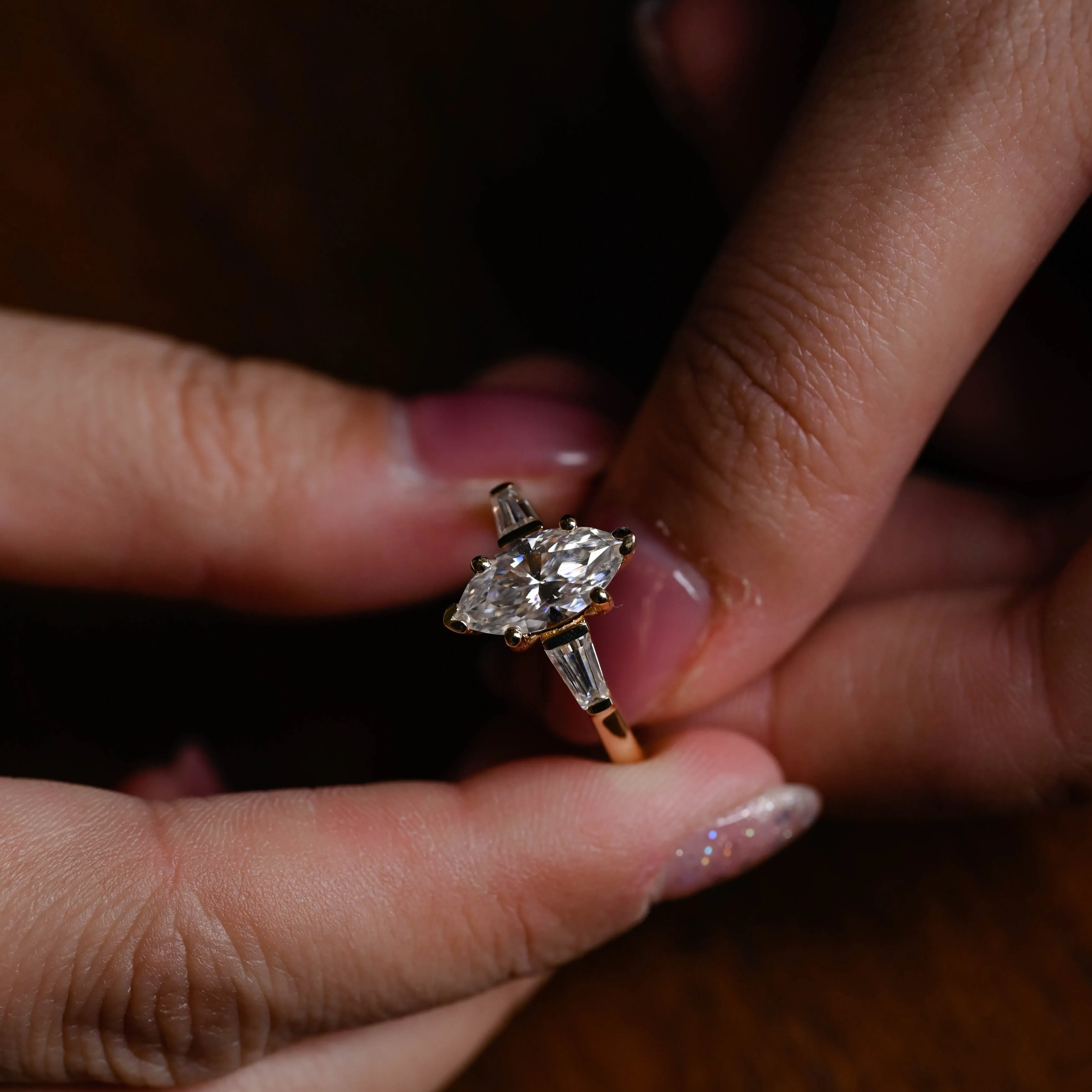 Solid Gold Marquise Cut Moissanite Engagement Ring, Three Stone Promise Ring, Proposal Ring, Gift for Women Wife sold by Causyou product image thumbnail 4