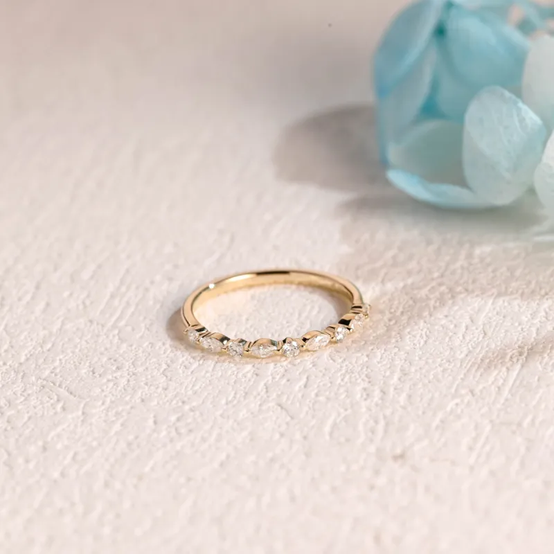 Solid Gold Marquise & Round Cut Moissanite Wedding Band, Half Eternity Wedding Ring, Gift for Women Wife sold by Causyou