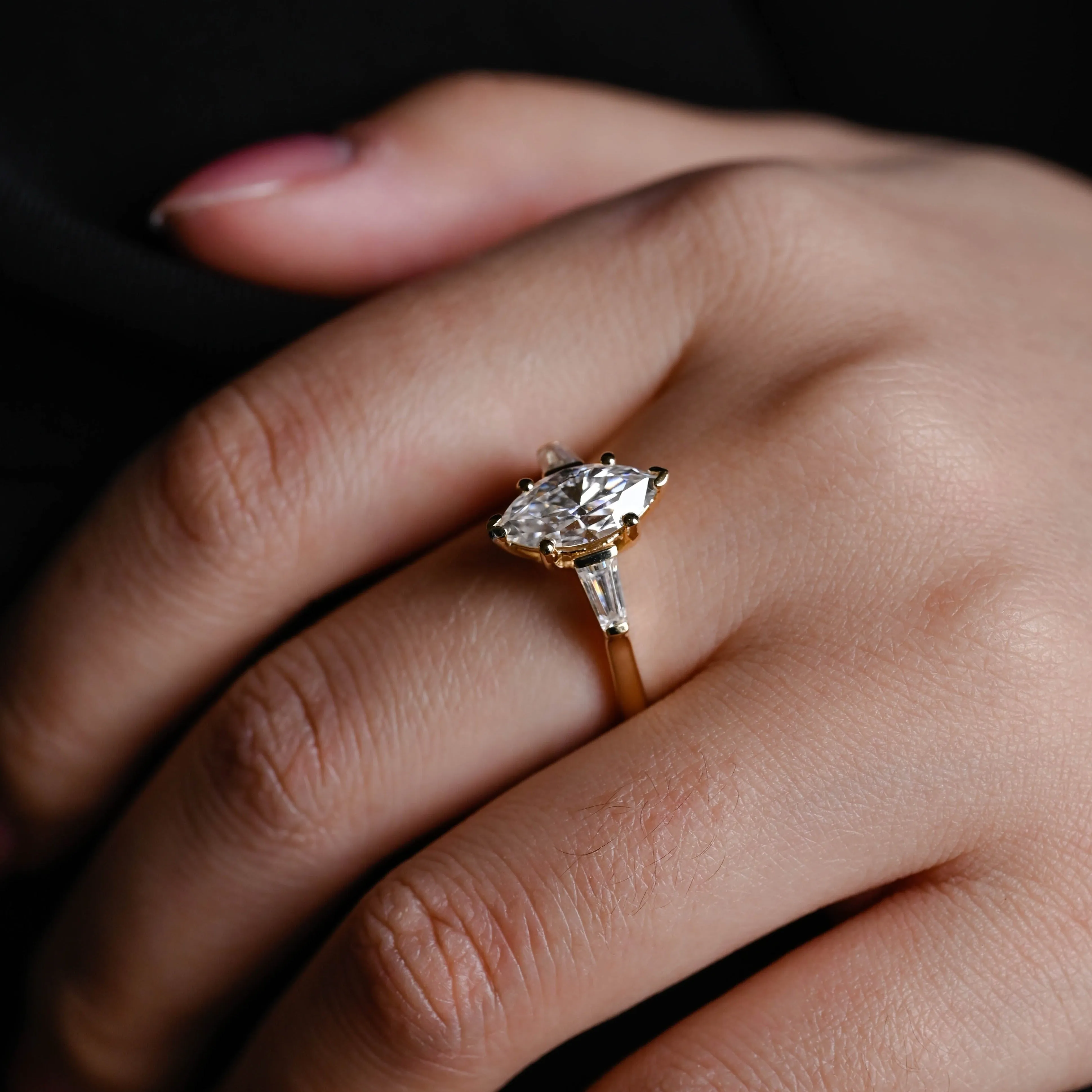 Solid Gold Marquise Cut Moissanite Engagement Ring, Three Stone Promise Ring, Proposal Ring, Gift for Women Wife sold by Causyou product image thumbnail 2