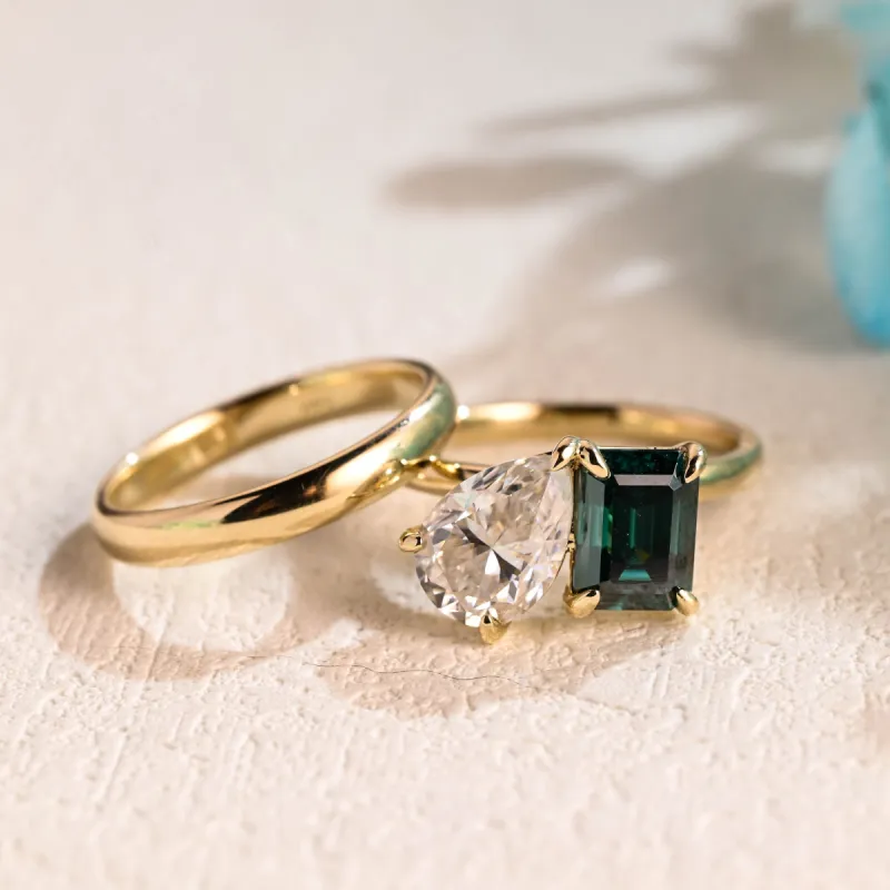 Solid Gold Toi Et Moi Ring, Emerald Cut Green Moissanite & Pear Cut Moissanite Engagement Ring Set sold by Causyou