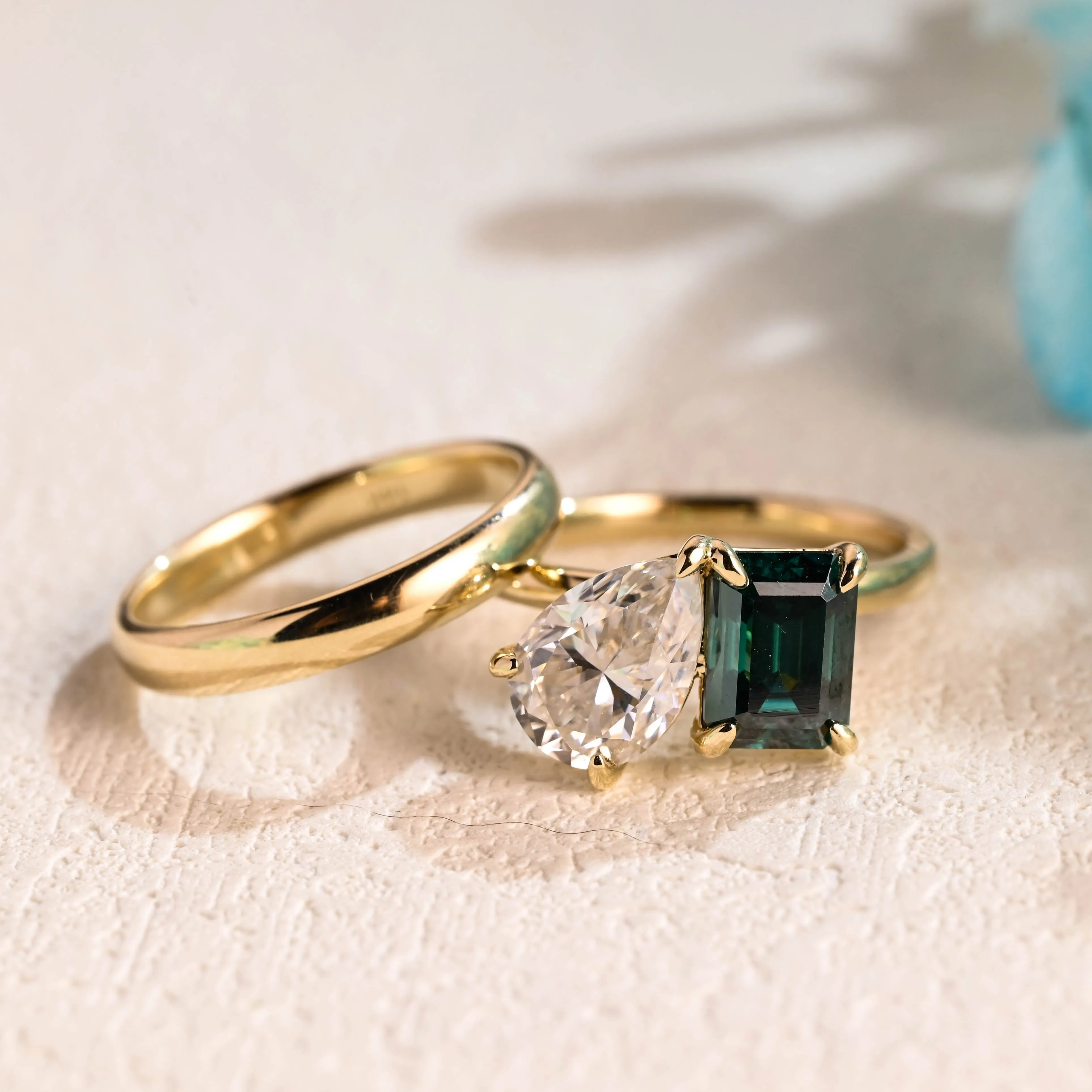 Solid Gold Toi Et Moi Ring, Emerald Cut Green Moissanite & Pear Cut Moissanite Engagement Ring Set sold by Causyou