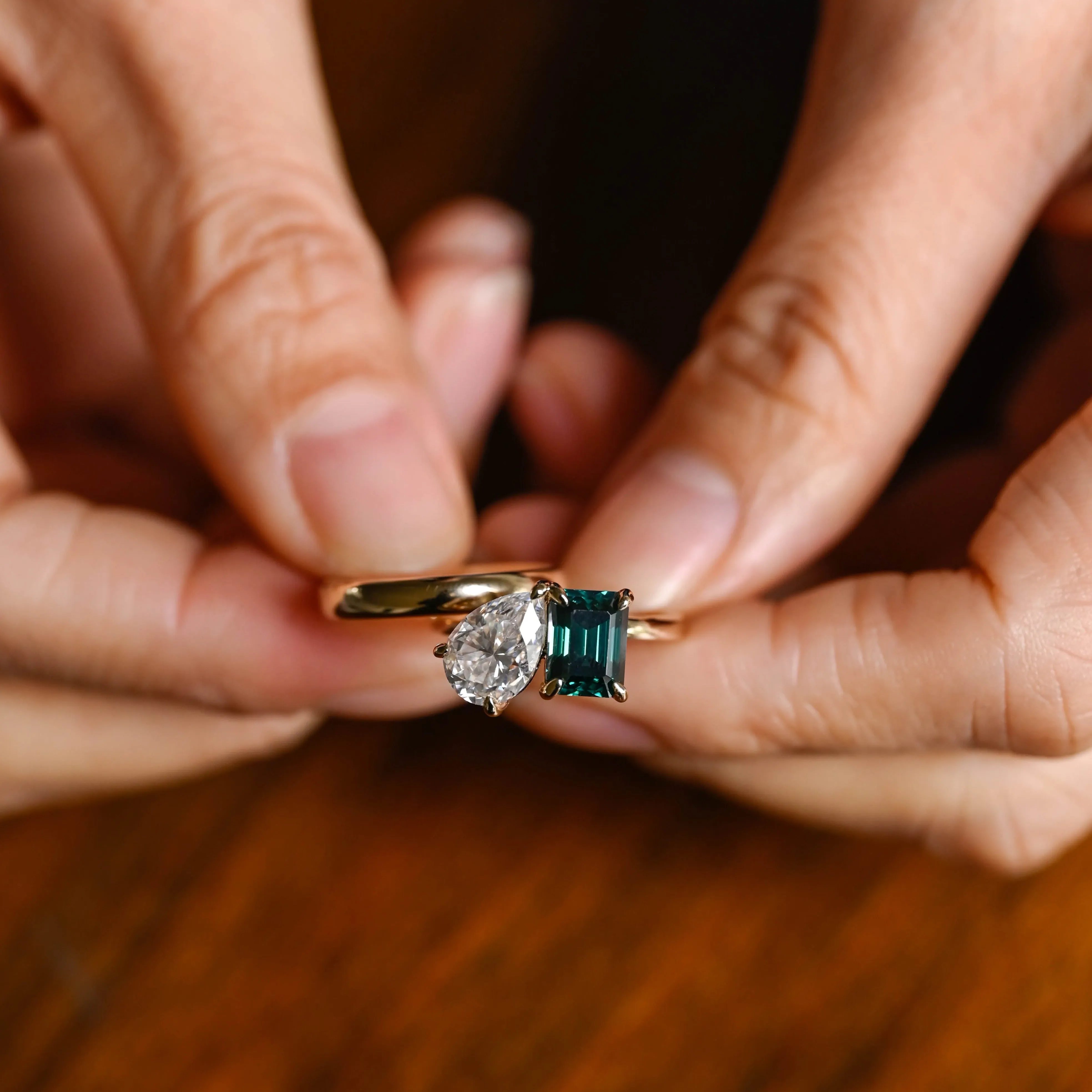 Solid Gold Toi Et Moi Ring, Emerald Cut Green Moissanite & Pear Cut Moissanite Engagement Ring Set sold by Causyou product image thumbnail 3
