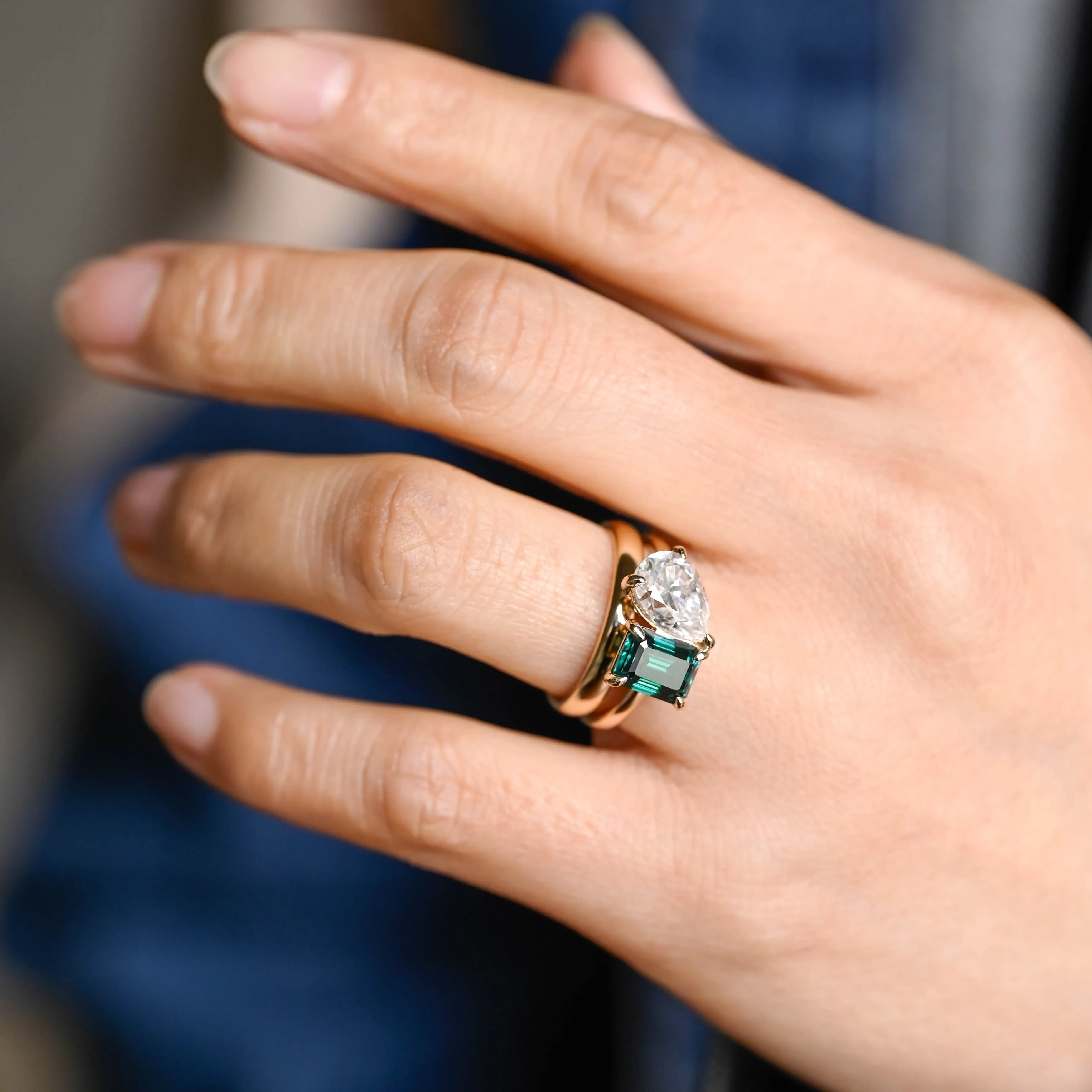 Solid Gold Toi Et Moi Ring, Emerald Cut Green Moissanite & Pear Cut Moissanite Engagement Ring Set sold by Causyou product image thumbnail 4