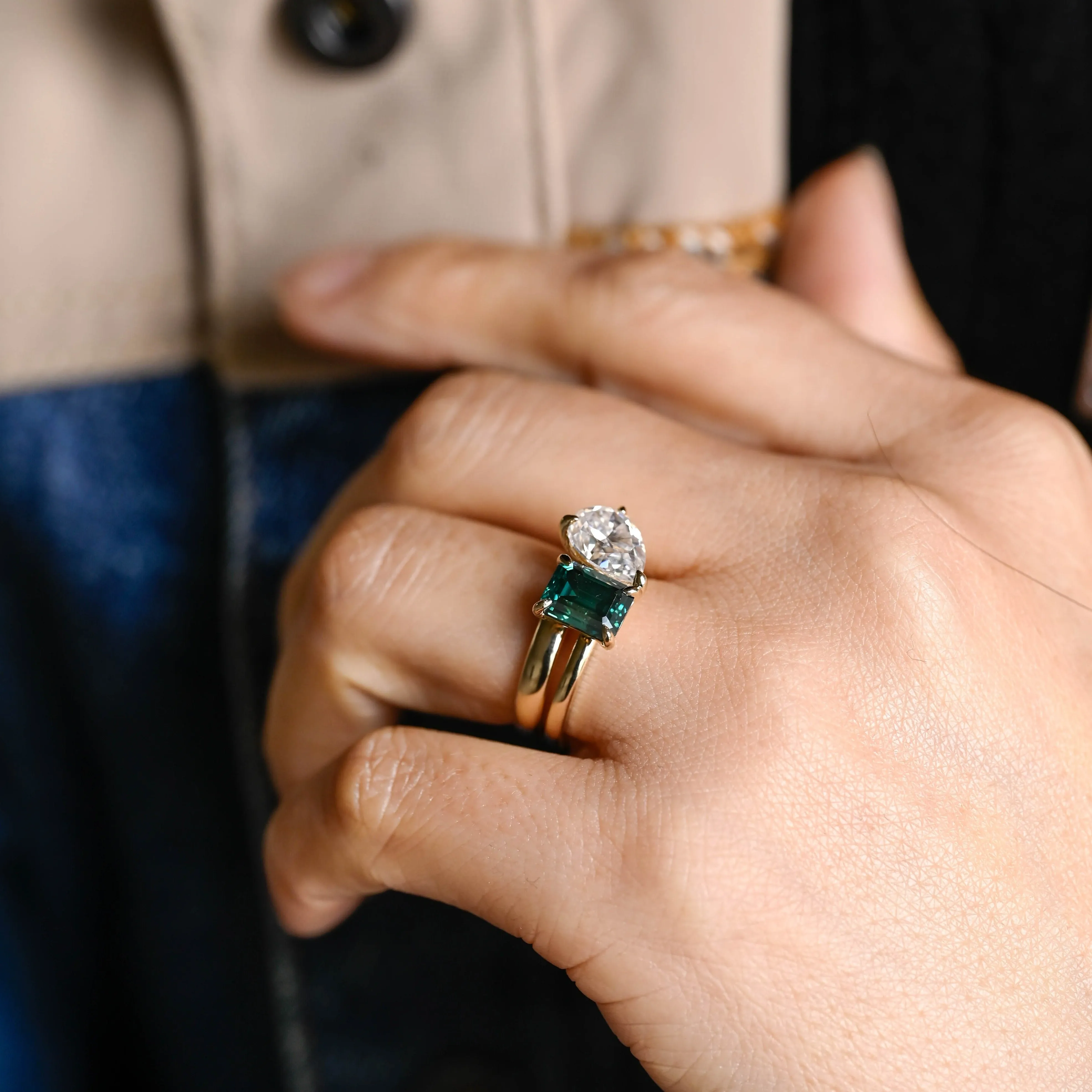 Solid Gold Toi Et Moi Ring, Emerald Cut Green Moissanite & Pear Cut Moissanite Engagement Ring Set sold by Causyou product image thumbnail 2