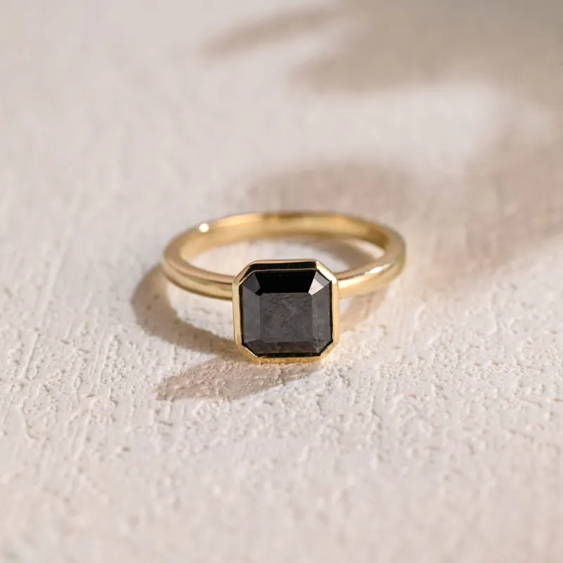 Solid Gold Bezel Asscher Cut Black Moissanite Engagement Ring sold by Causyou
