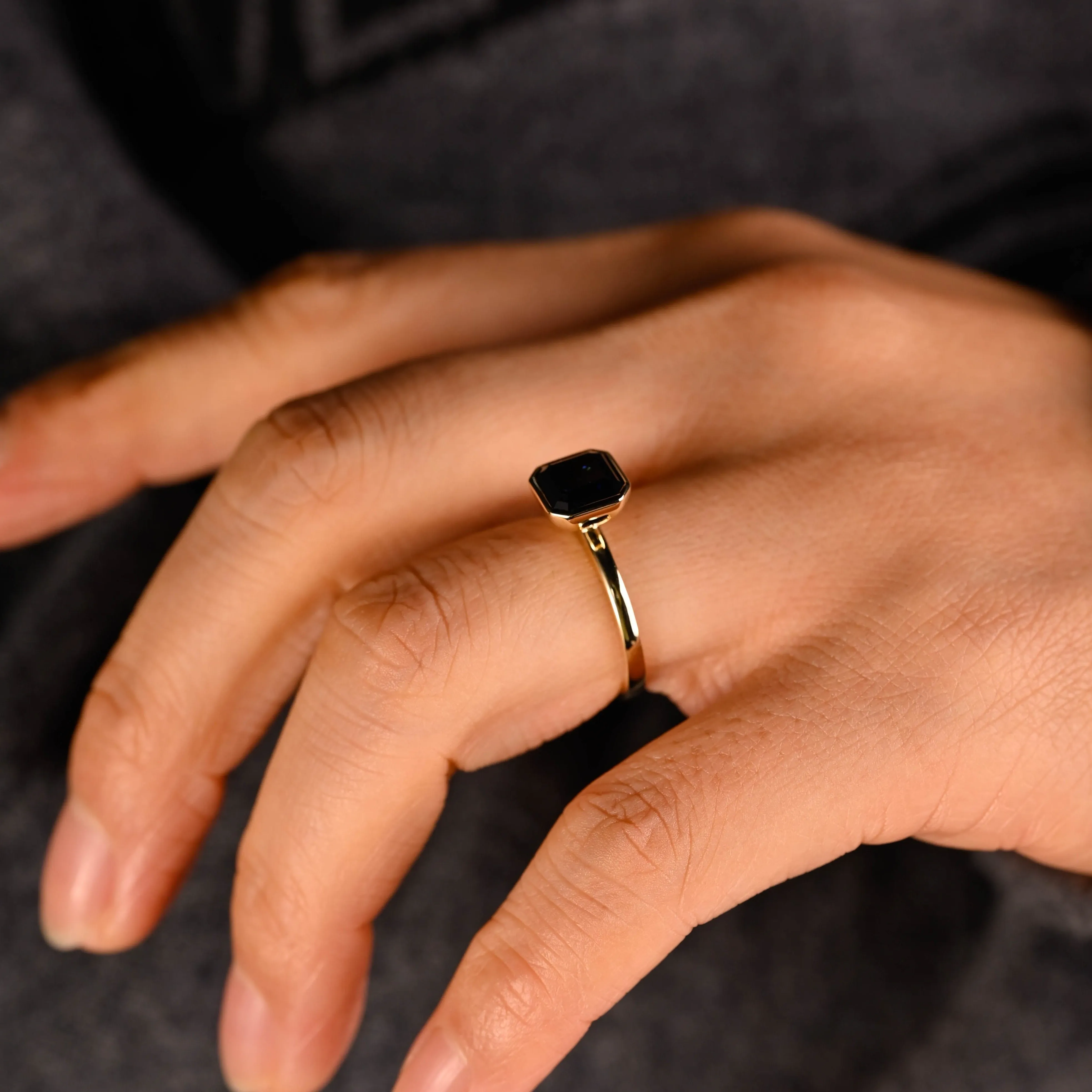 Solid Gold Bezel Asscher Cut Black Moissanite Engagement Ring sold by Causyou product image thumbnail 4