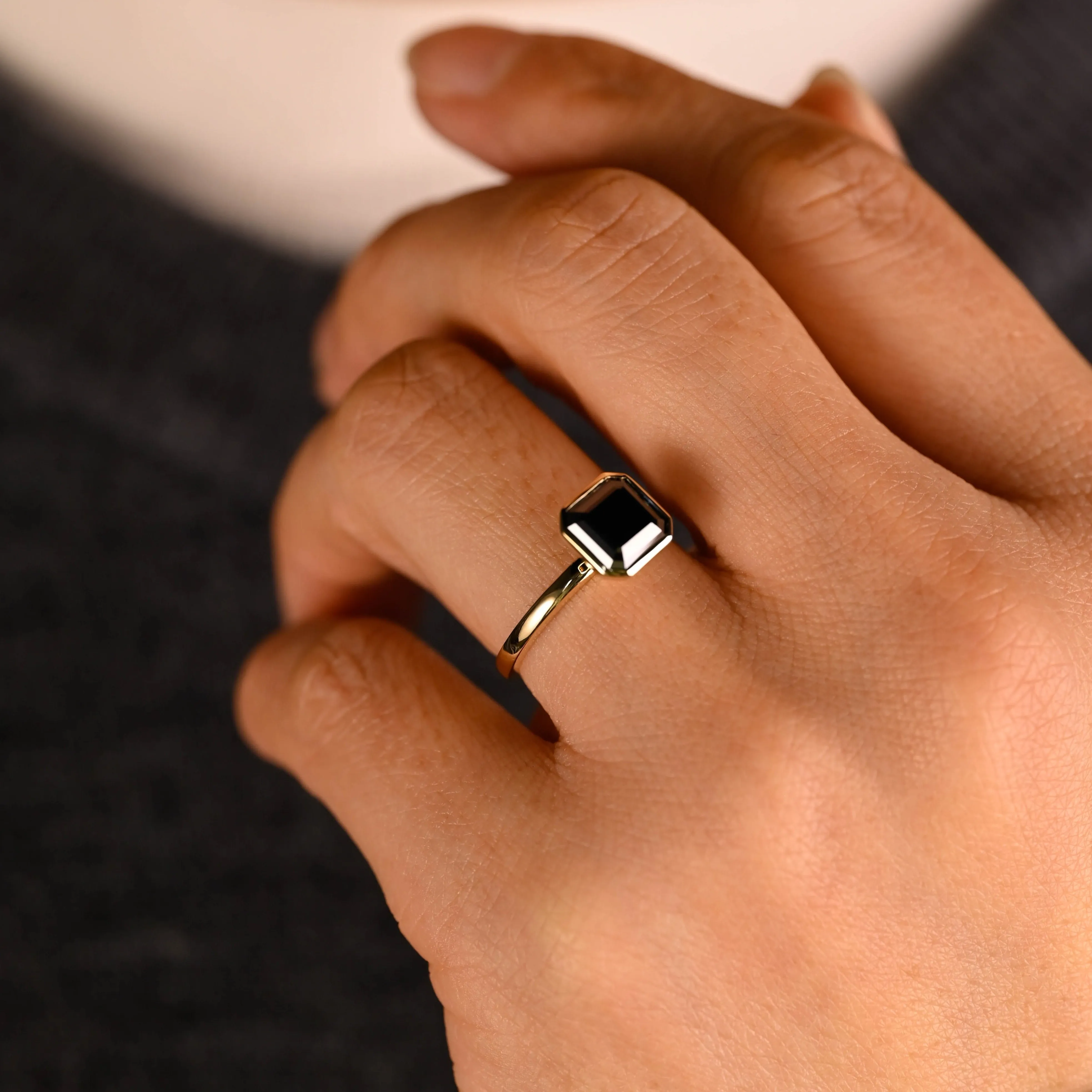 Solid Gold Bezel Asscher Cut Black Moissanite Engagement Ring sold by Causyou product image thumbnail 2