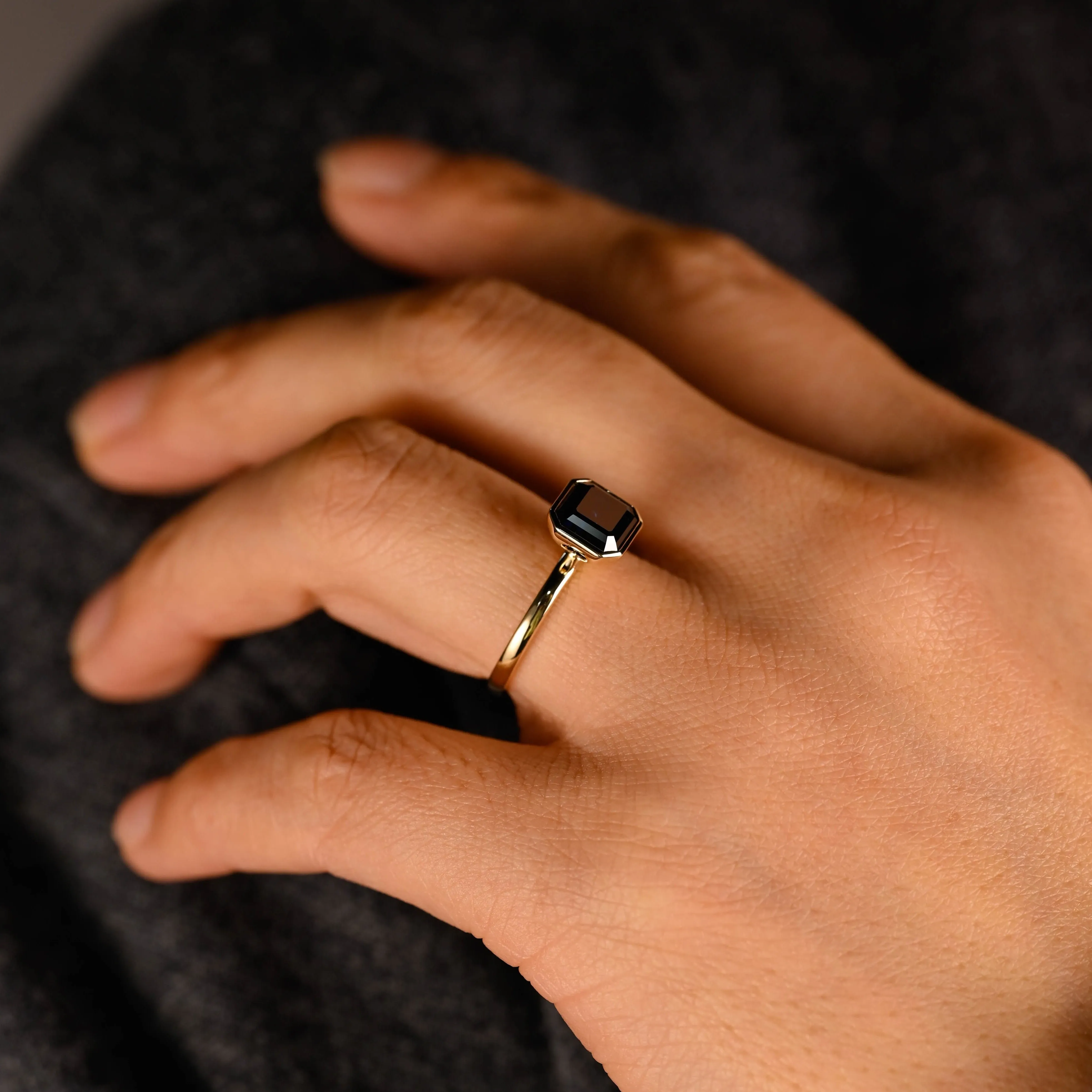 Solid Gold Bezel Asscher Cut Black Moissanite Engagement Ring sold by Causyou product image thumbnail 3