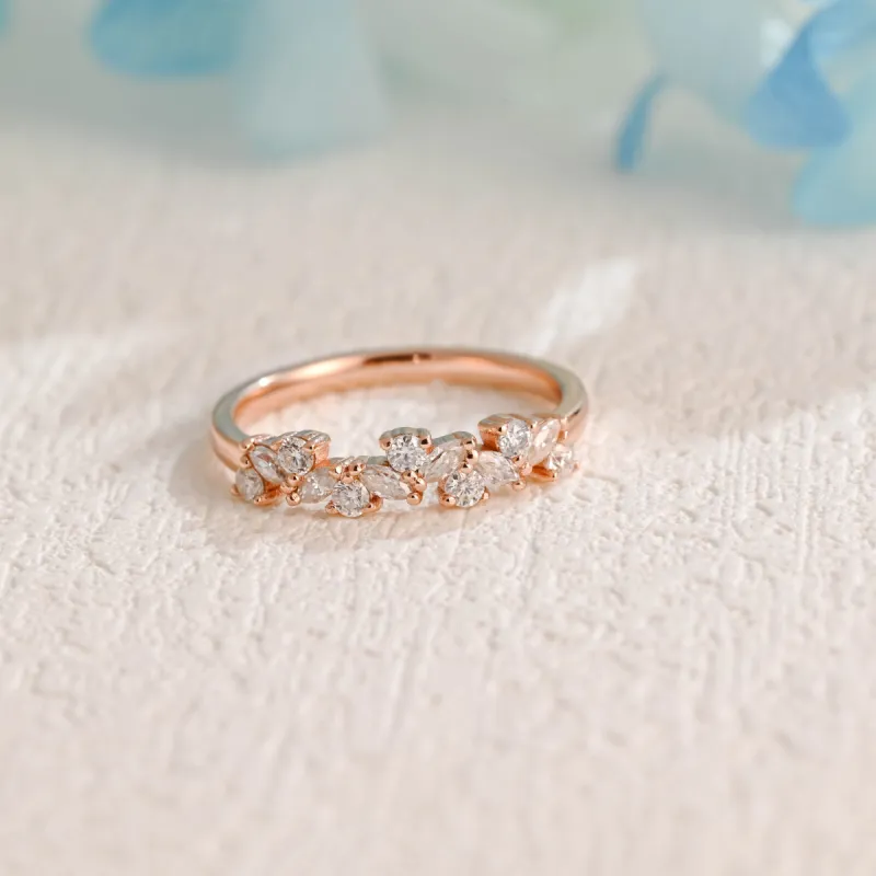 Solid Gold Round & Marquise Cut Moissanite Wedding Band, Half Eternity Wedding Ring, Gift for Women Wife sold by Causyou