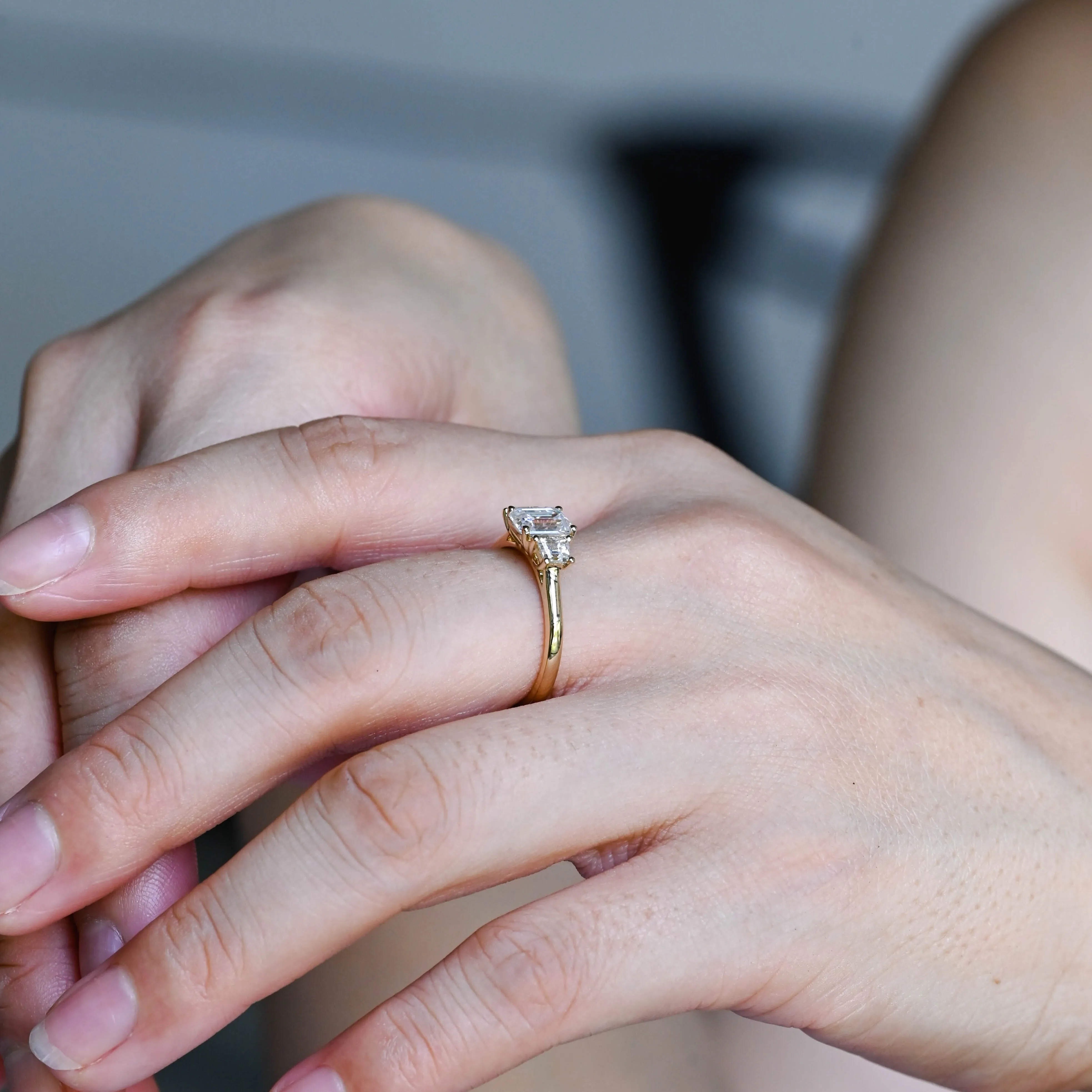 Solid Gold Emerald Cut Moissanite Engagement Ring, Three Stone Promise Ring, Proposal Ring, Gift for Women Wife sold by Causyou product image thumbnail 4