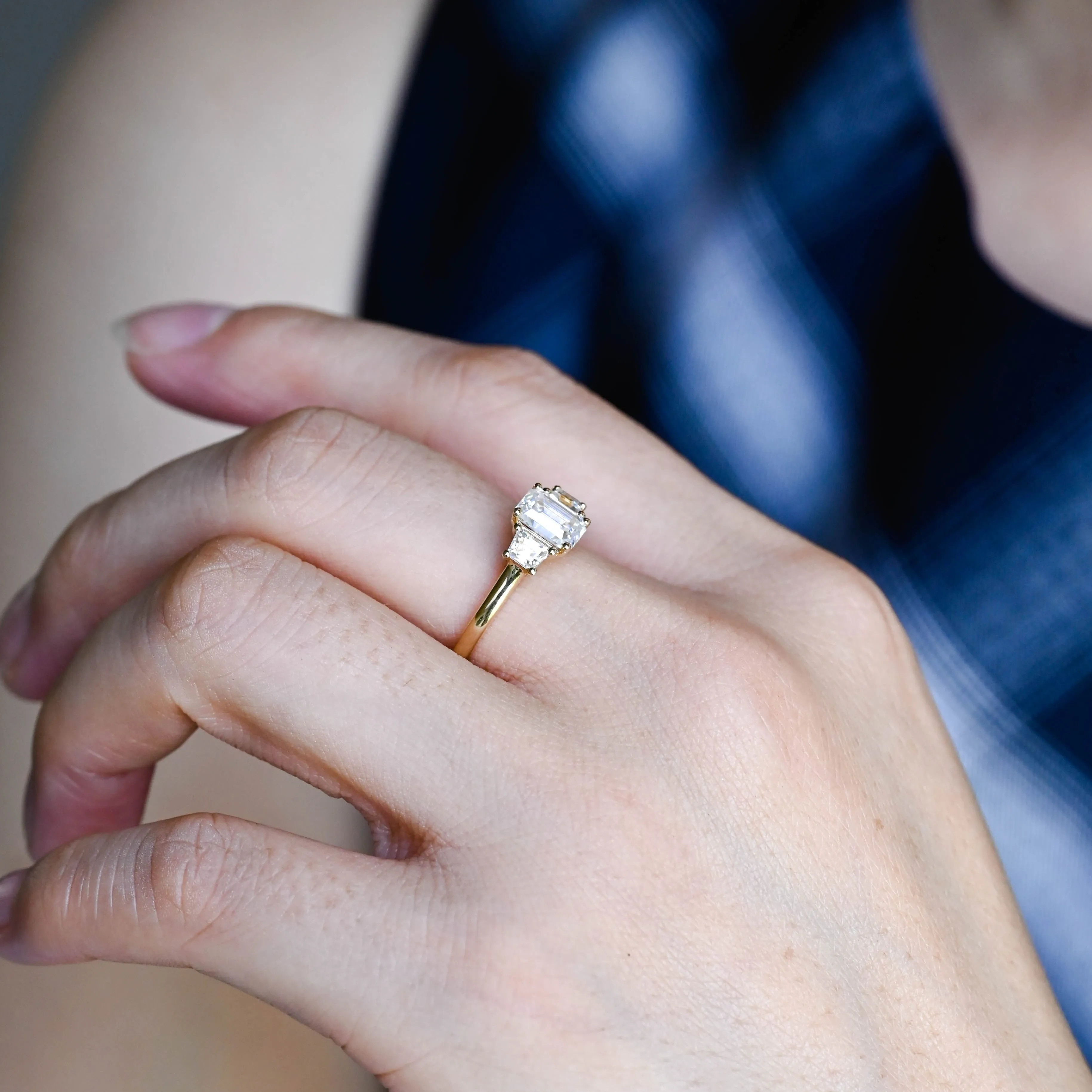 Solid Gold Emerald Cut Moissanite Engagement Ring, Three Stone Promise Ring, Proposal Ring, Gift for Women Wife sold by Causyou product image thumbnail 3