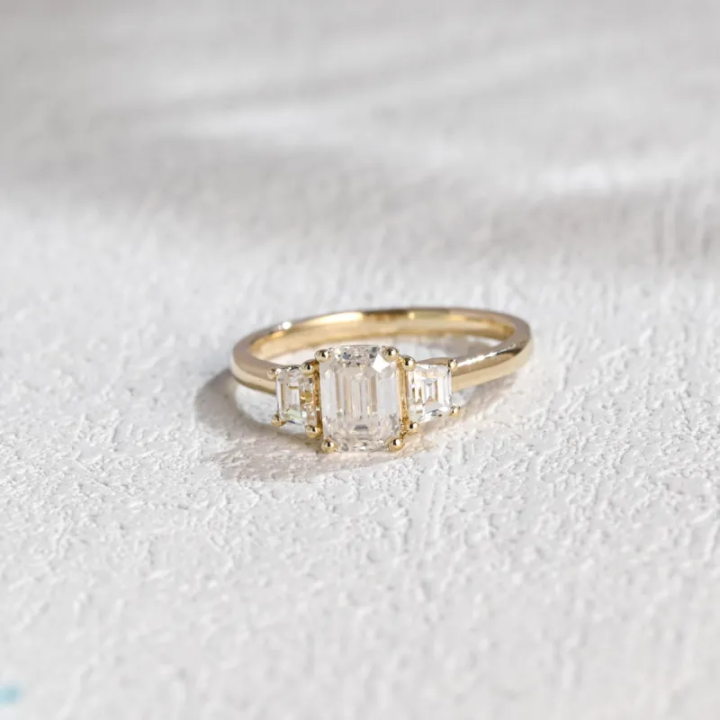 Solid Gold Emerald Cut Moissanite Engagement Ring, Three Stone Promise Ring, Proposal Ring, Gift for Women Wife sold by Causyou