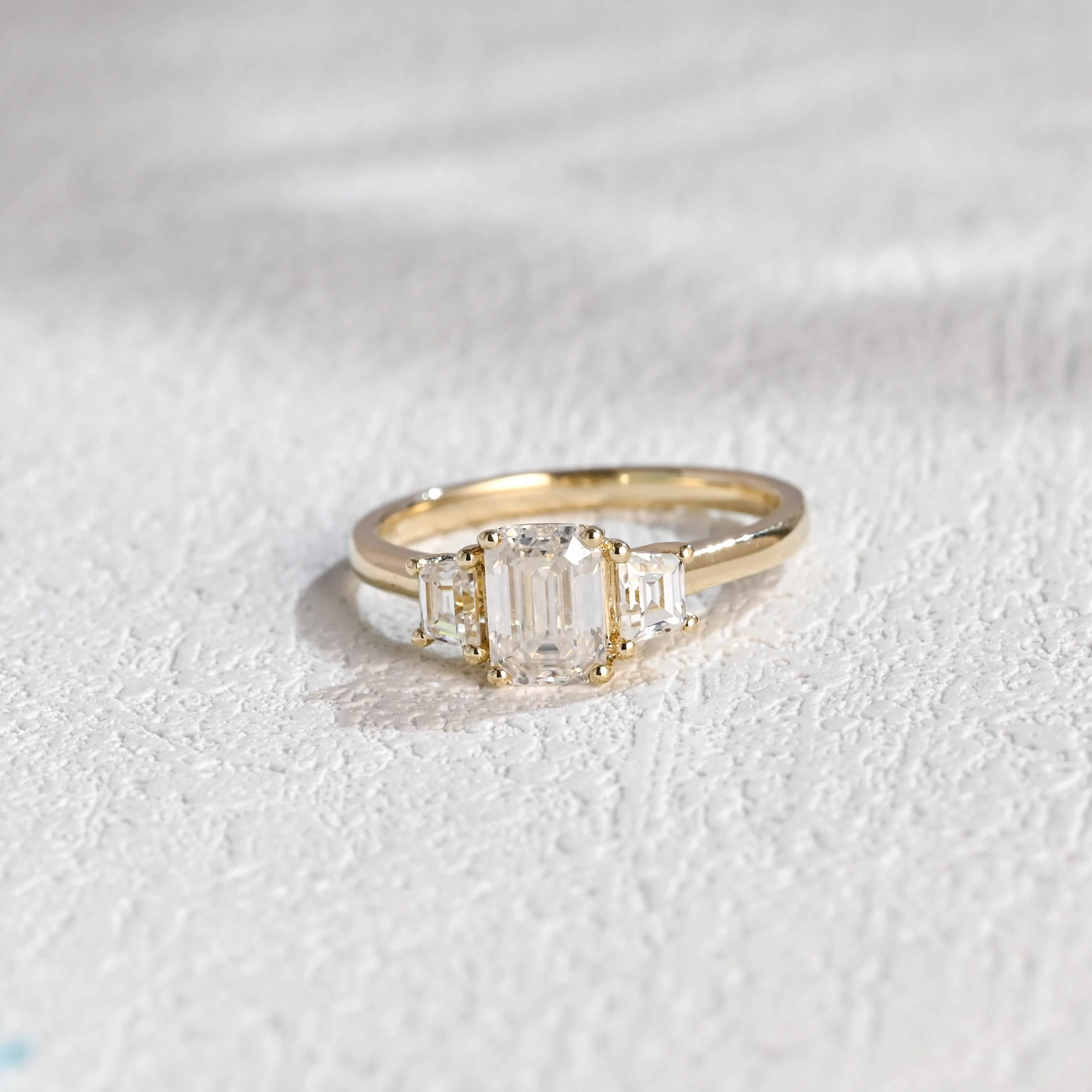 Solid Gold Emerald Cut Moissanite Engagement Ring, Three Stone Promise Ring, Proposal Ring, Gift for Women Wife sold by Causyou