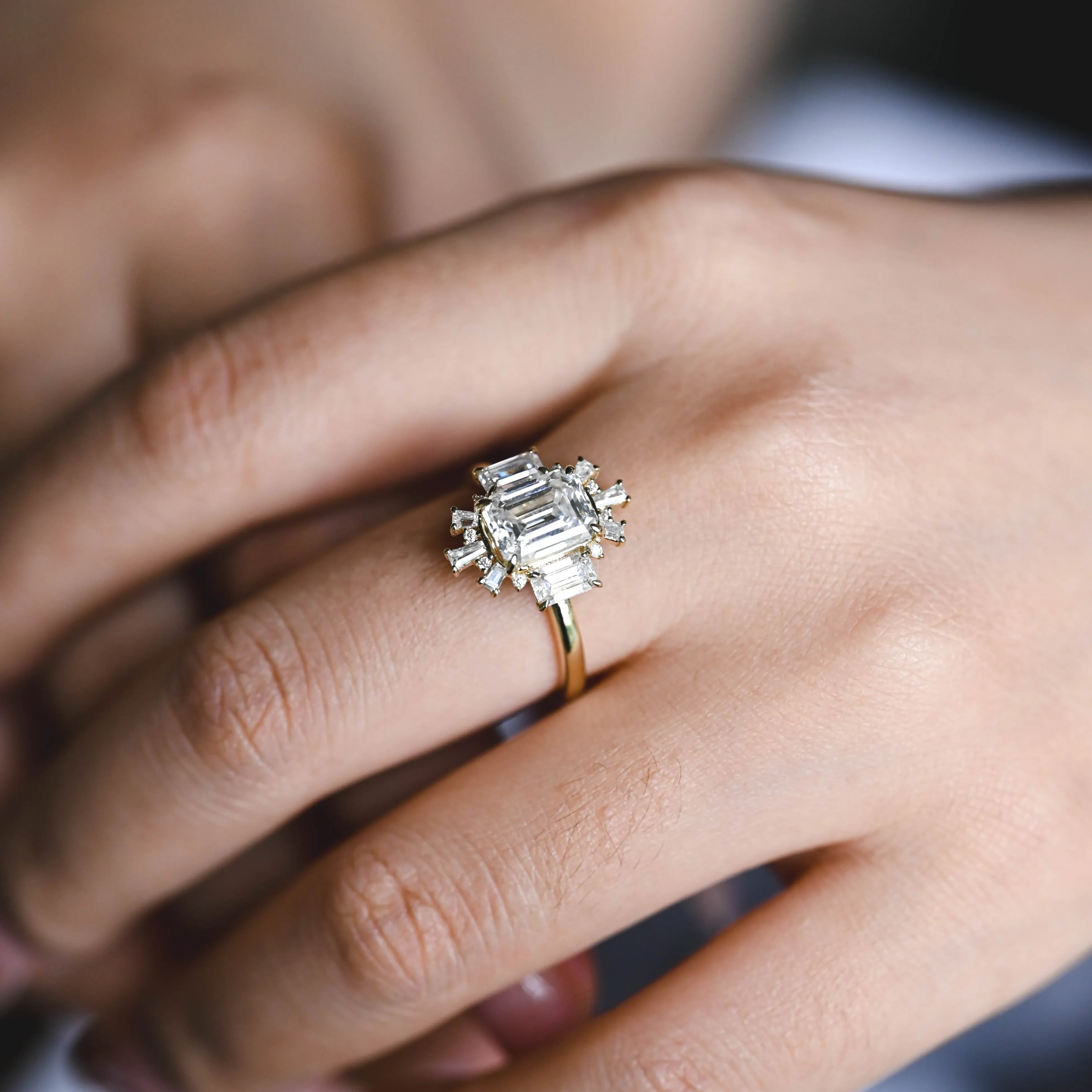 Solid Gold Halo Emerald Cut Moissanite Engagement Ring sold by Causyou product image thumbnail 4